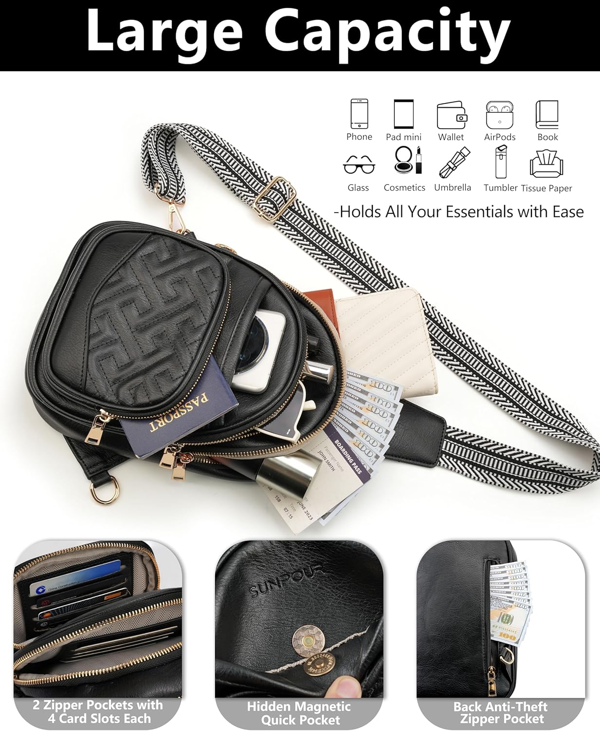 Sling Bag for Women, Anti-Theft RFID Crossbody Bag Vegan Leather Sling Purse for Travel, Chest Sling Bag Fanny Pack | Multi-Pocket, 8 RFID Card Slots, Structured bag, Quilted Design, Commuting Shopping - Image 4