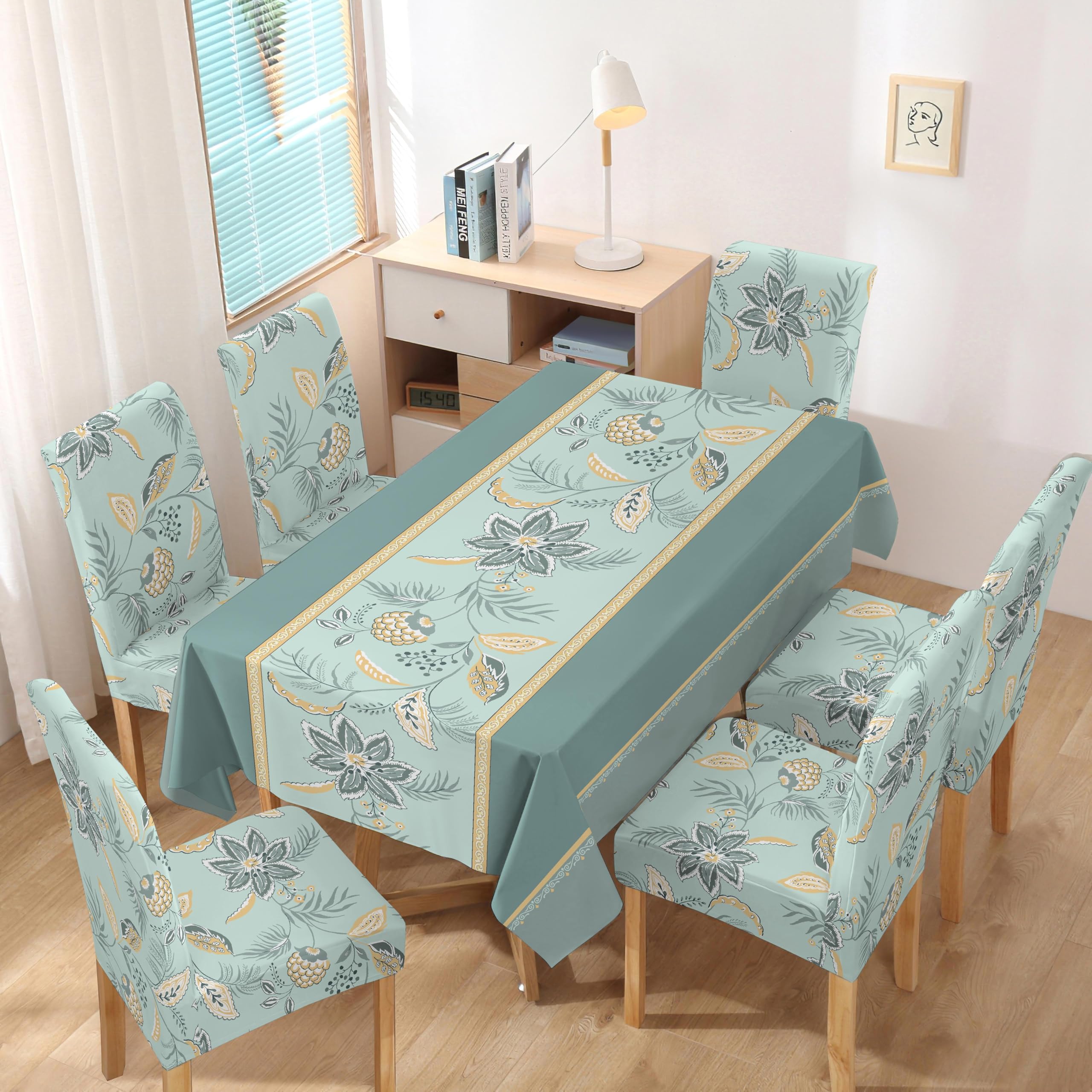 Styleys Dining Table Cover 6 Seater Waterproof with Chair Covers | Table Cover Cloth | Dining Table Cover Cloth Combo - 1 Table Cover + 6 Chair Cover, Teal Gold Bloom, XKFSZB-5-image-15