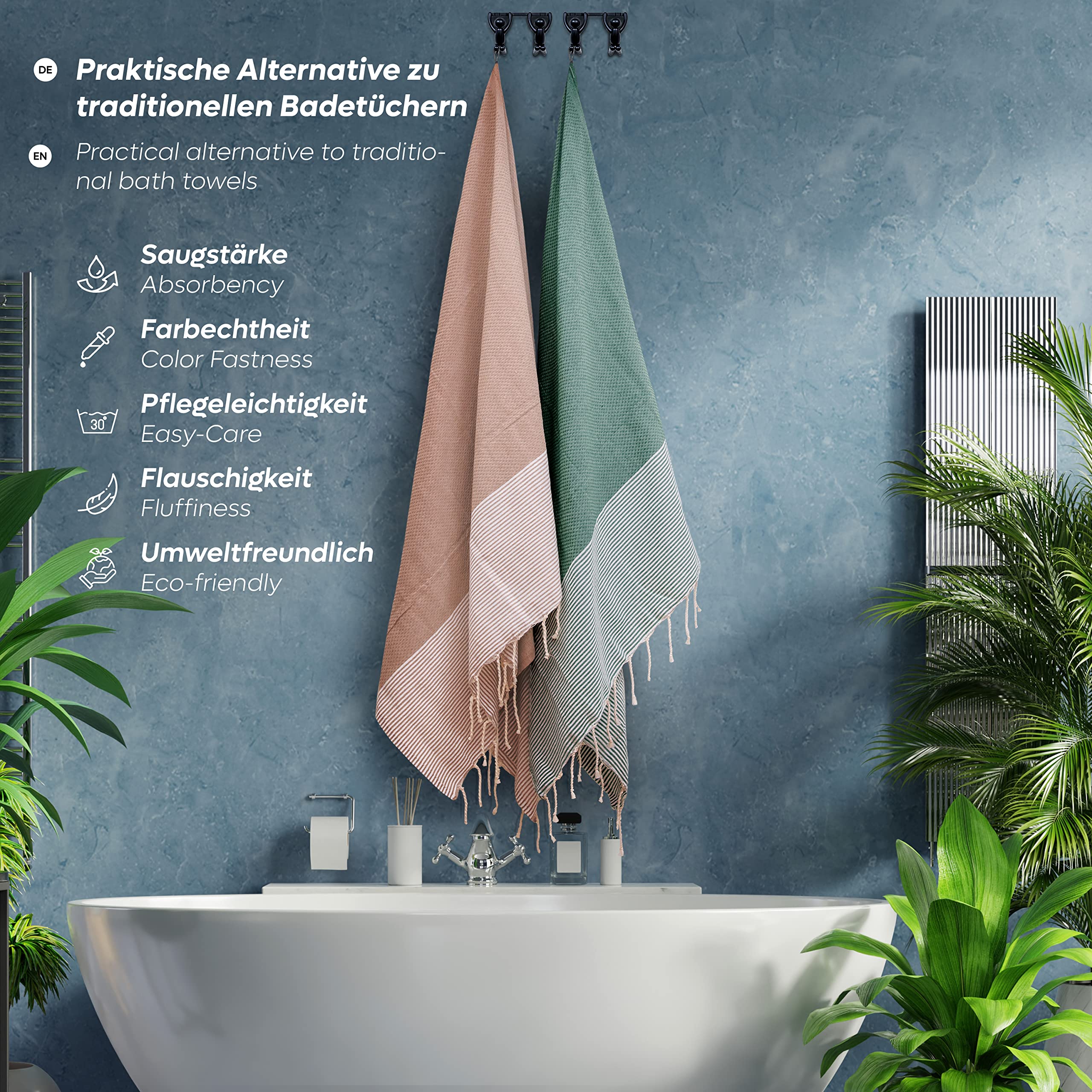 Saunahandtuch Strandtuch Fouta XXL [2er Set] Ideal als Hamamtuch Saunatuch Stranddecke für Damen & Herren - Groß 100x200-100% Baumwolle in Creme & Dunkelgrün
