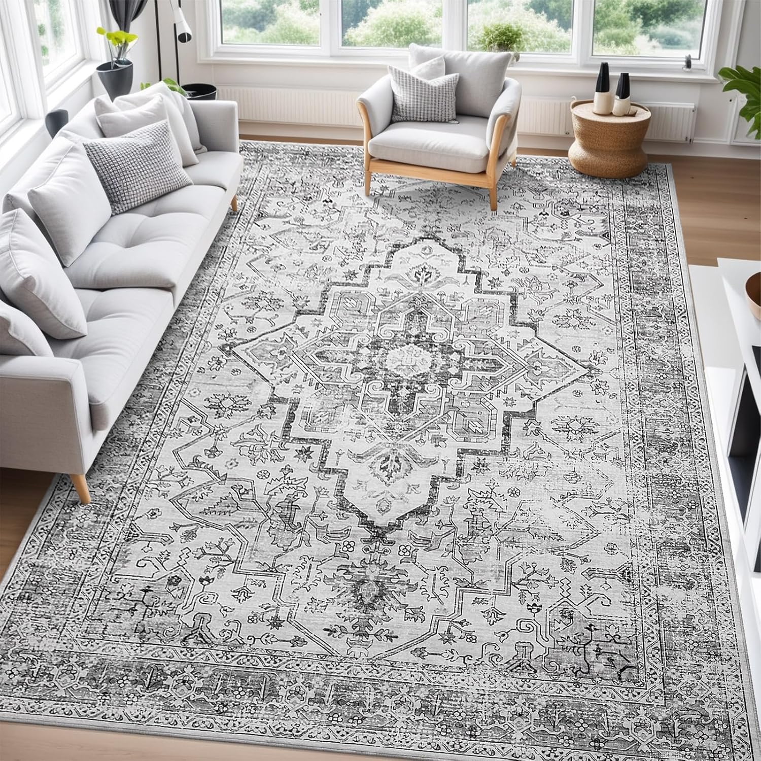 YIHOUSE Grey Vintage Rug, 5X7 Washable Area Rug, Non Slip Indoor Thin Rug, Gray Retro Boho Distressed Rugs for Living Room, Bedroom, Dining Room Office Grey 5x7