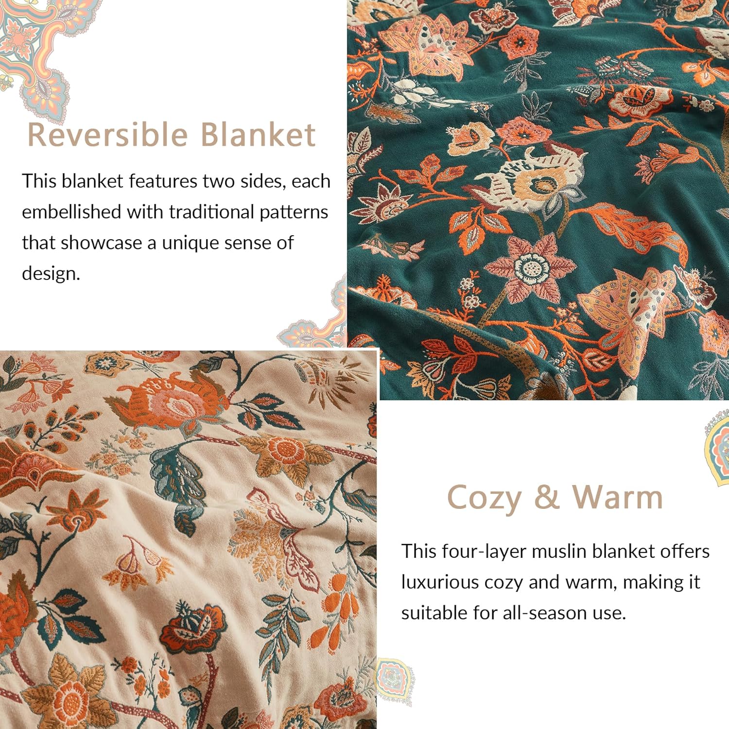 Boho Throw Blanket for Couch Sofa Bed, 100% Cotton Woven Quilt with Tassel 60”x80”, Super Soft Muslin Blanket with Floral Printed, Decorative Reversible Bed Blanket/Cover for All Seasons - Image 2