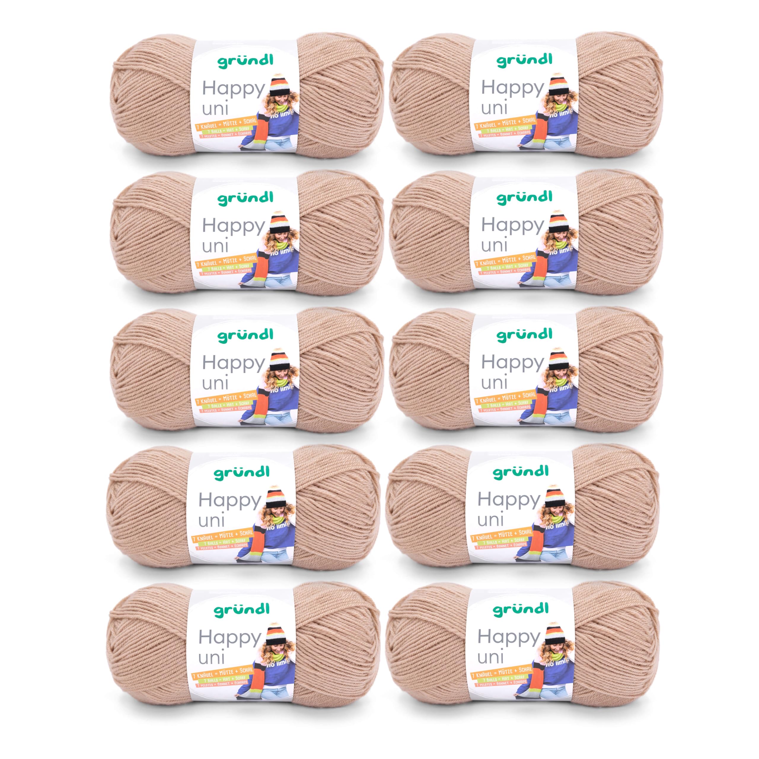 Gründl Wolle Happy uni Garn zum Stricken 10 Knäuel 100 g, sand | Garn zum Häkeln - Strickgarn - Häkelgarn - Weich und hautfreundlich - 100 % Polyacryl 100 g / 250 m - Nadelstärke 4 5