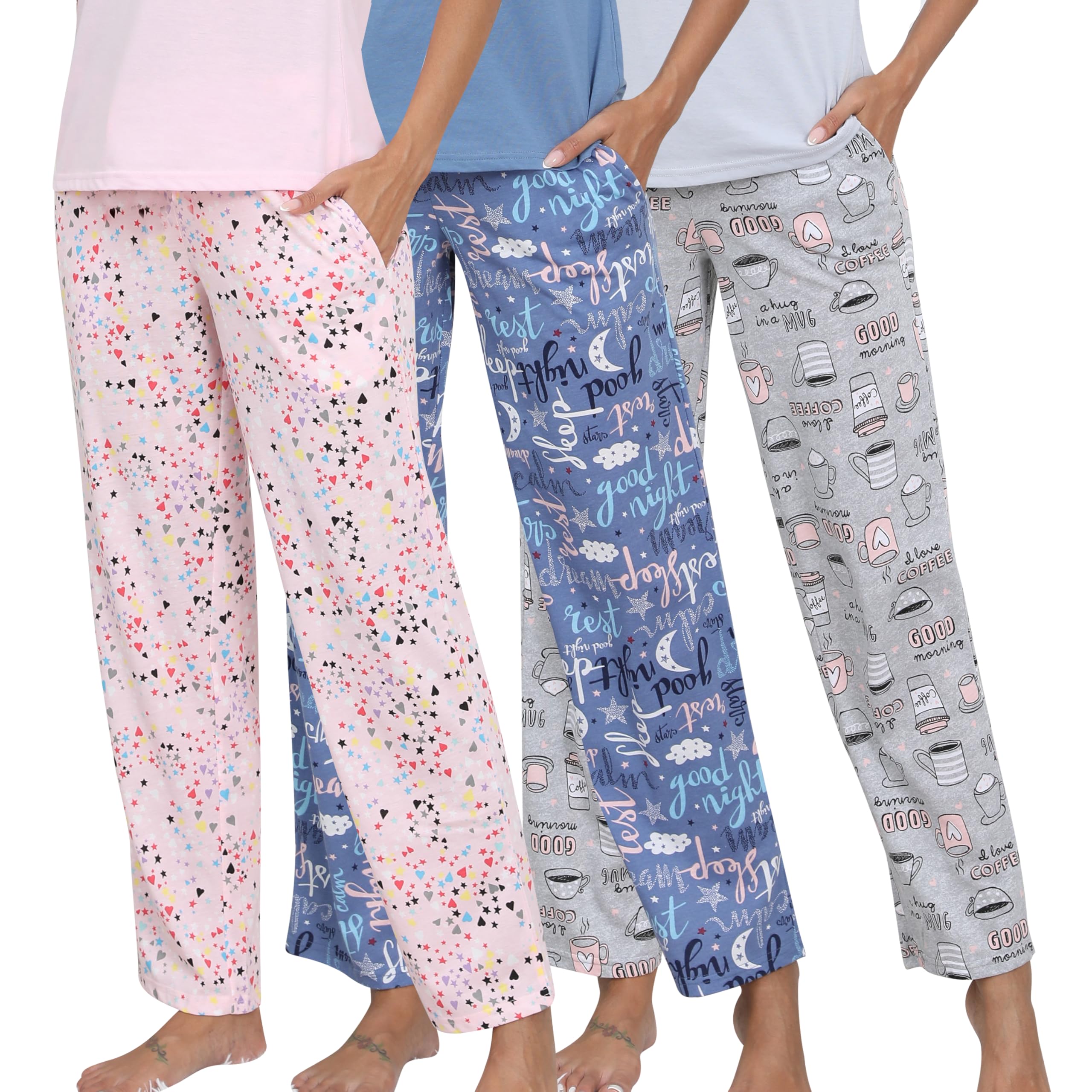 PNAEONGPajama Pants Women 3 Pack Soft Cotton Lounge Pants Comfy Casual Pajama Bottoms with Elastic Waistband & Pockets