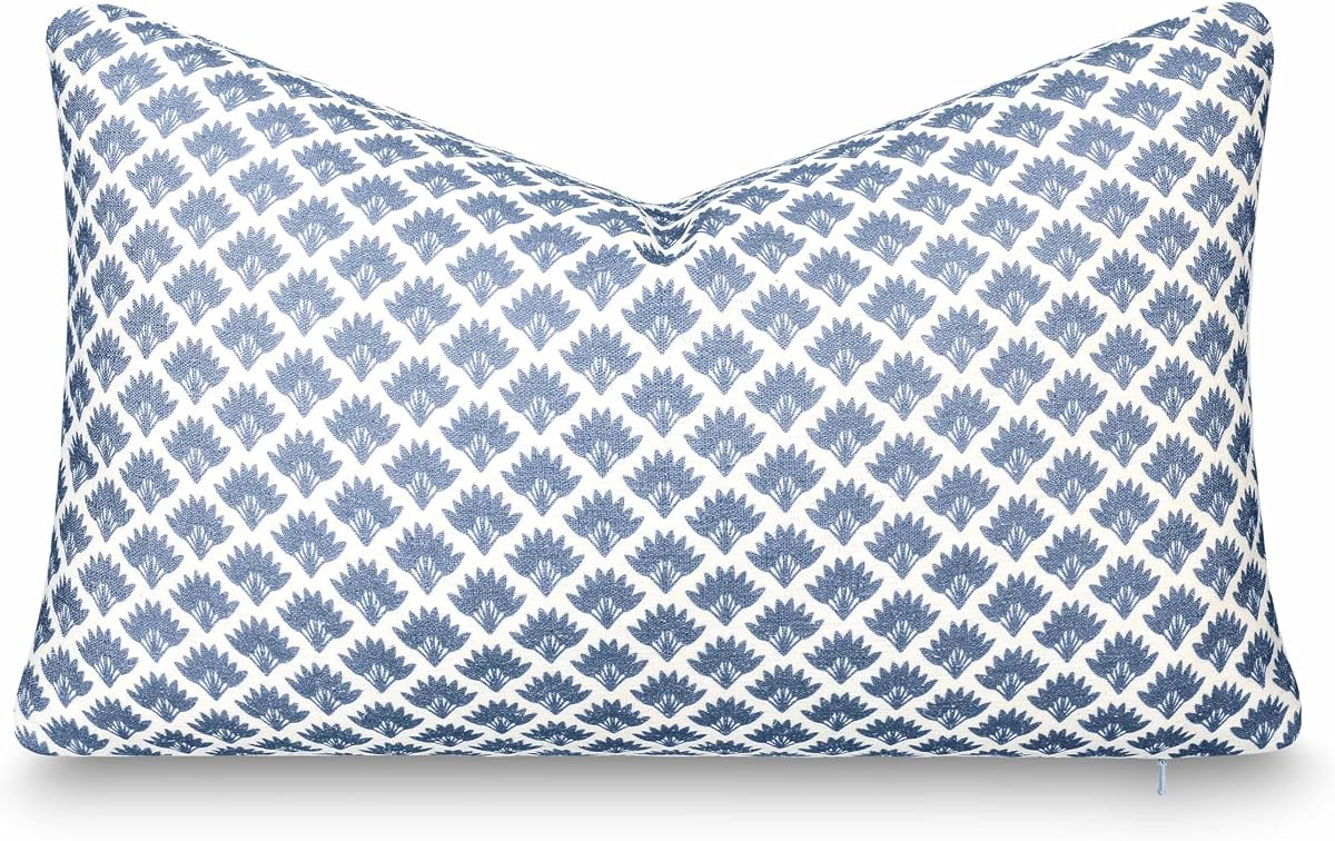 California Casual Coastal Indoor Outdoor Lumbar Pillow Cover, 12"x20" Water Repellent for Patio, Backyard, Couch, Poolside, Azure Blue Print Ravenala Palm Tree
