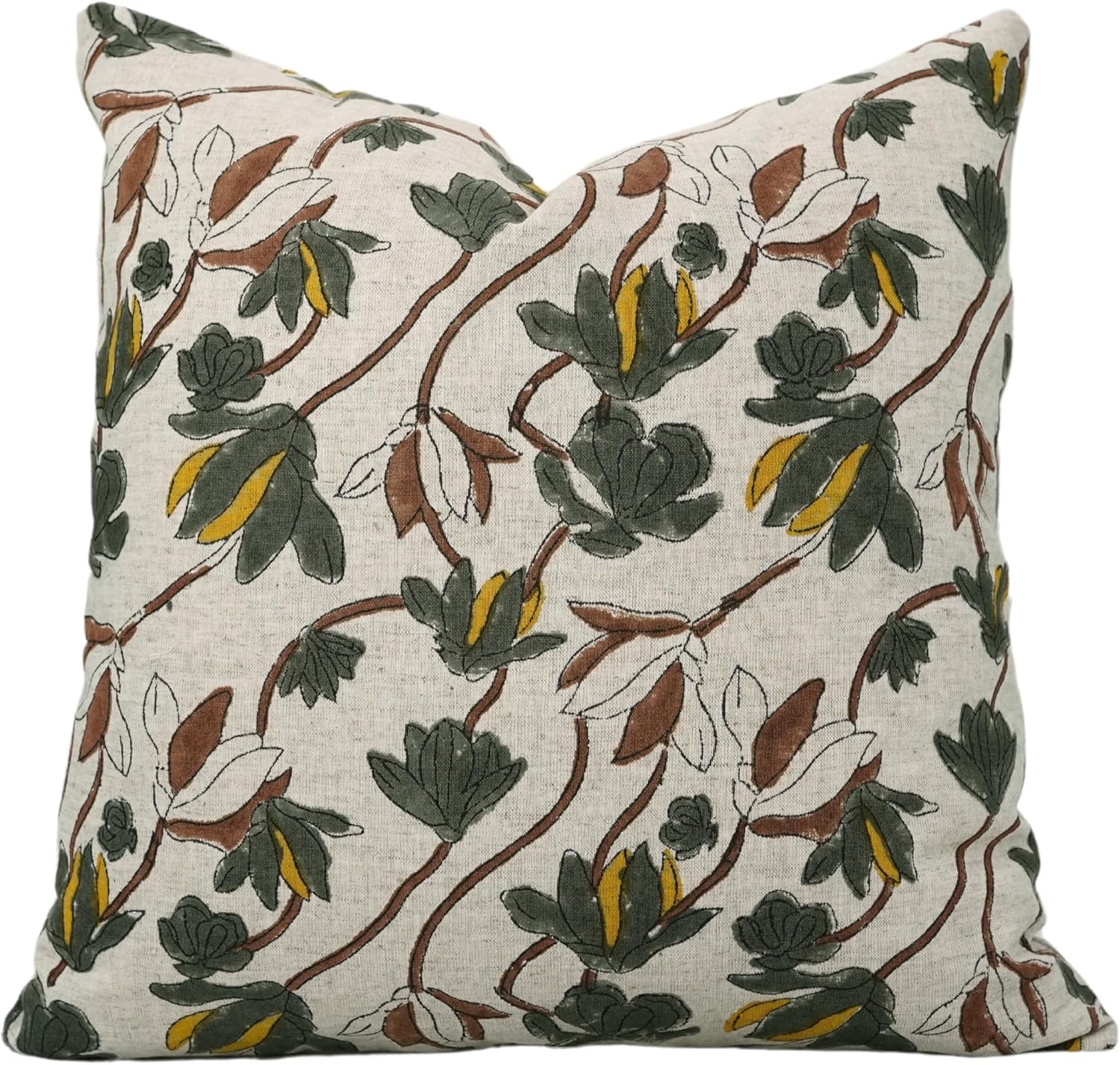 Pillow Covers 14x14 Hand Block Floral Print Cotton Linen Boho Pillowcase Cushion Cover Throw Pillows Decorative Fall Decoration Pillow for Sofa, Couch, Indoor, Outdoor, Shivri, Dark Green