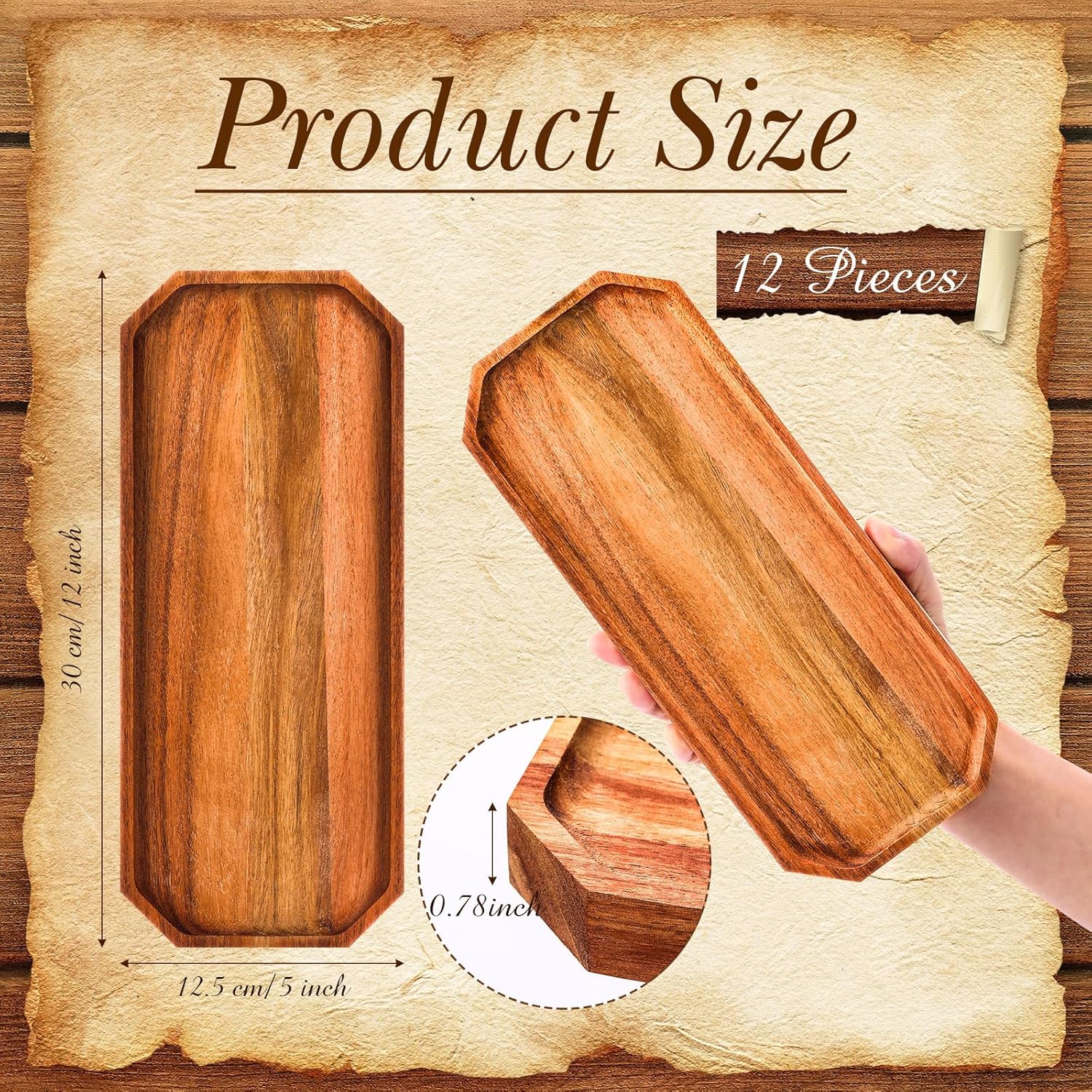 Dandat 12 Pack Wooden Serving Platter Acacia Wood Platters 12 x 5 Inch Rustic Serving Tray Rectangular Charcuterie Board Cheese Plate for Home Decor Dessert Vegetables Fruit Cookie - Image 2