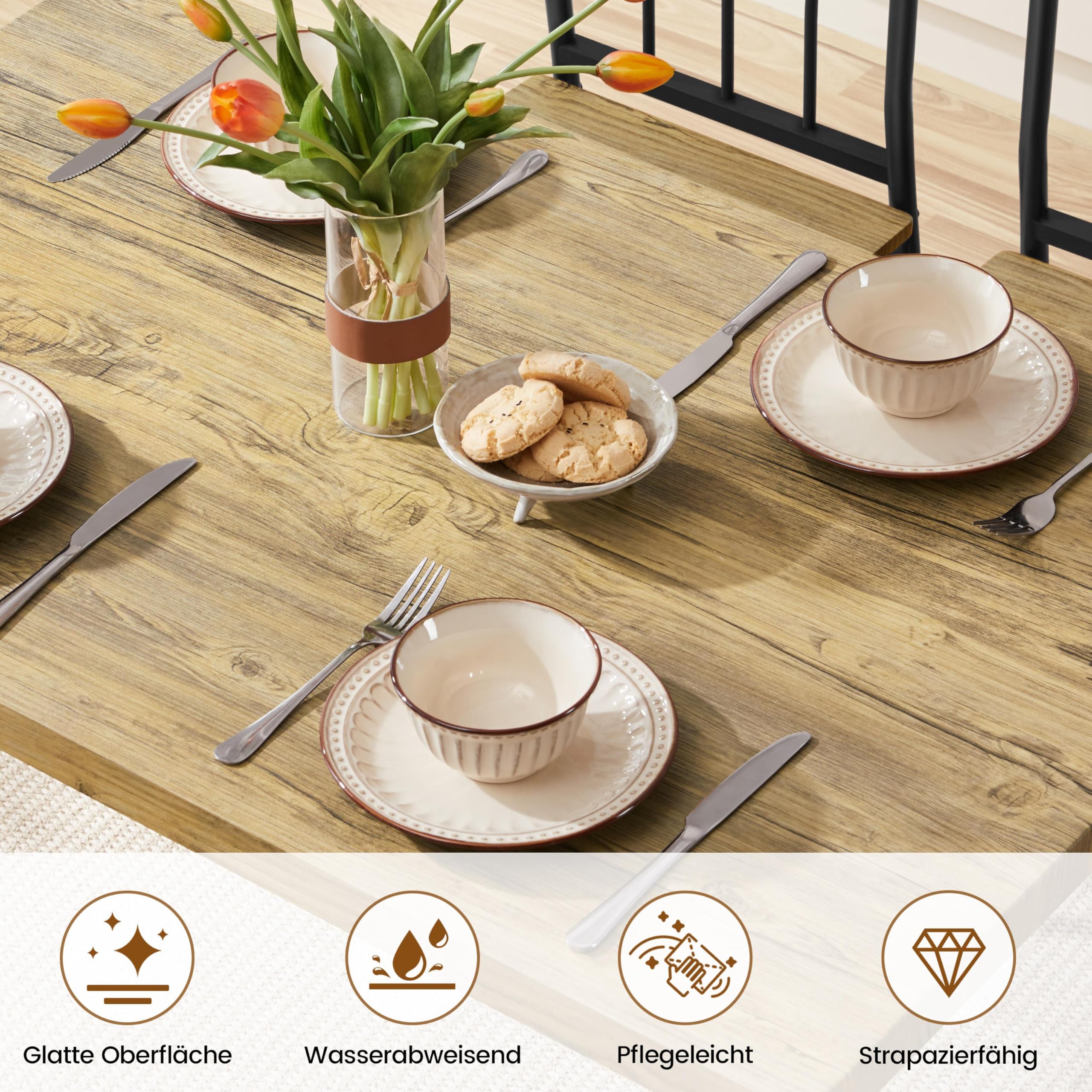 Yaheetech Essgruppen Esstisch mit 4 Stühlen, Esszimmergruppe Rechteckig Küchentisch-Set mit 4cm Dicker Tischplatte, 5er-Set Tischgruppe für 4 Personen Sitzgruppe für Küchentisch-Set, Braun