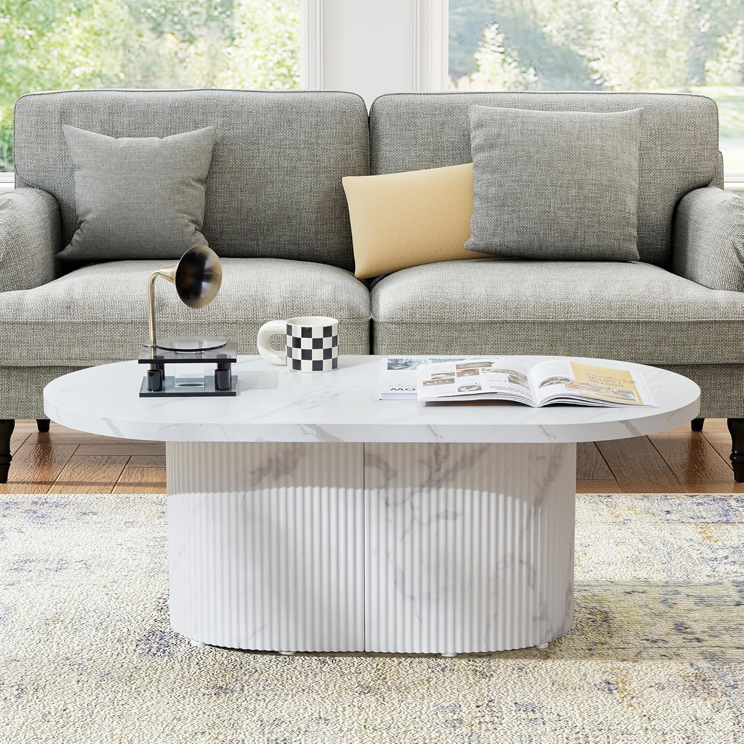 Oval Faux Marble Coffee Table with Fluted Base, 42.5" Modern White Center Table