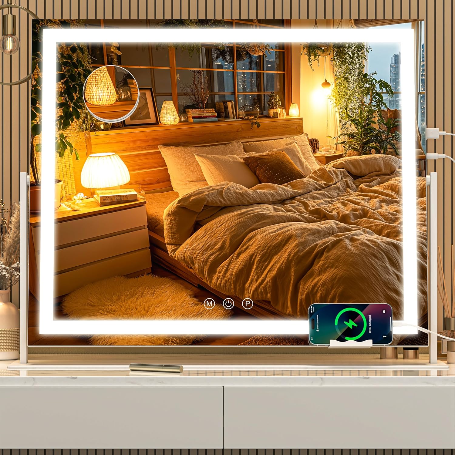 Vanity Mirror with Lights, 26'' x 22'' Lighted Makeup Mirror, Touch Screen with 3-Color Lighting, Dimmable for Vanity Desk Tabletop Square White White 26''L x 22''W