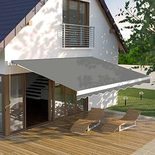 Yardenaler 12x10 FT Retractable Patio Awning Manual Crank Gray Sun Shade for Deck Backyard Balcony UV Wind Resistant