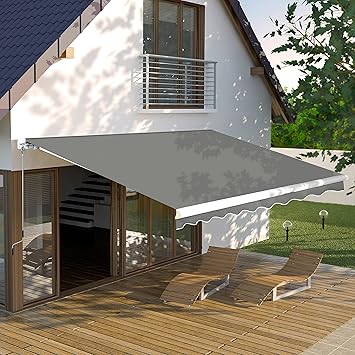 VEIKOU 8 x 7ft Patio Retractable Awning, Awnings for Patio w/Adjustable Canopy, Manual Awning Sun Shade Window Door Shelter with Aluminum Frame for Deck, Garden, Gray