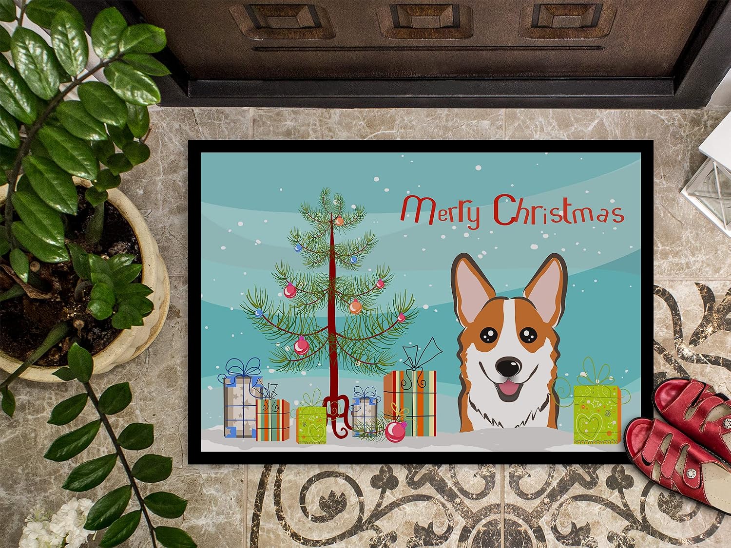 Caroline's Treasures BB1626JMAT Christmas Tree and Red Corgi Doormat 24x36 Front Door Mat Indoor Outdoor Rugs for Entryway, Non Slip Washable Low Pile, 24H X 36W