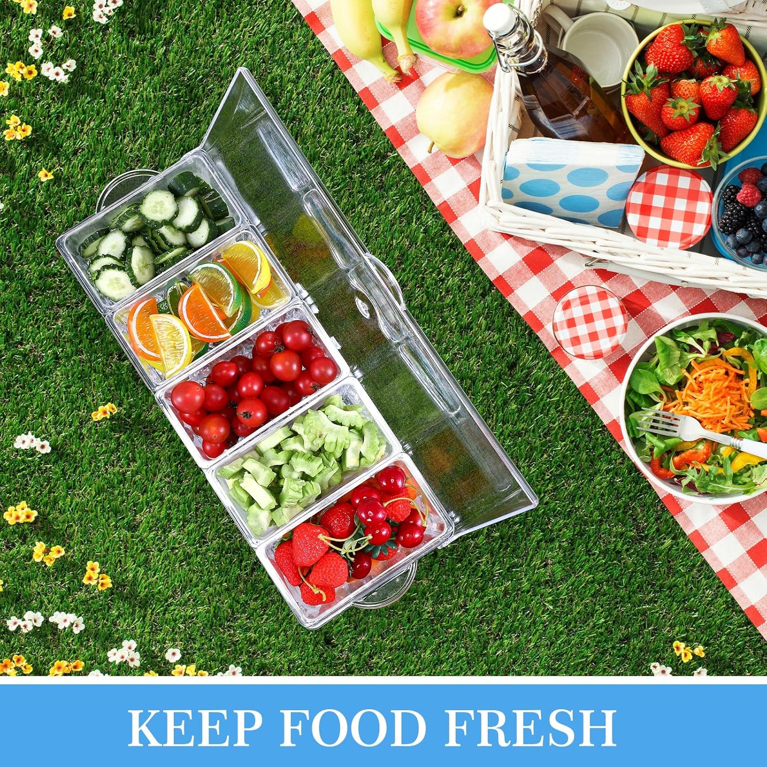 2 Pieces 5 Chilled Condiment Server with Hinged Lid Condiment Tray with Ice Chamber Cooled Compartment Container Caddy Organizer Removable Dishes for Salad Fruit Cheese Outdoor Party Bar Supplies