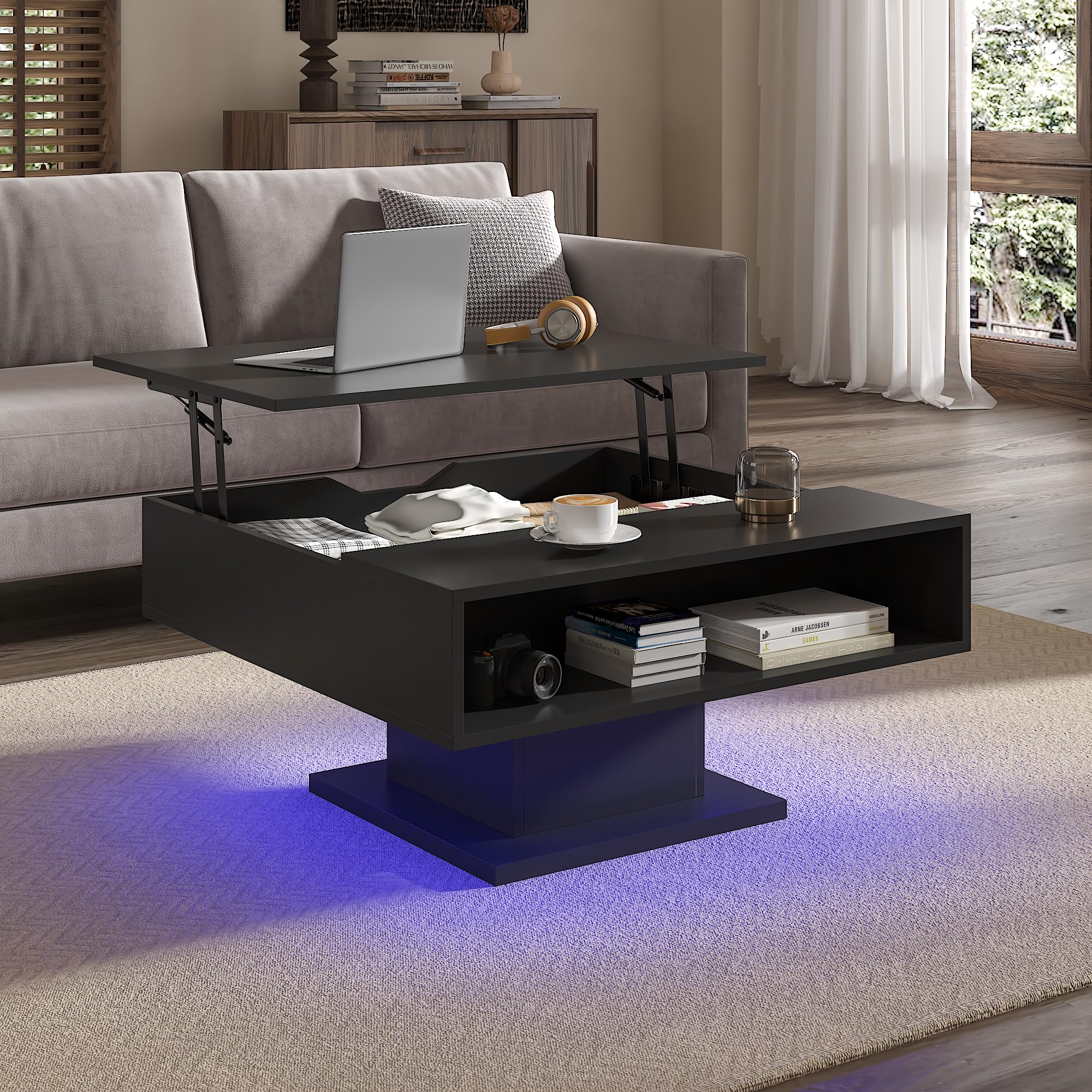 Kurufurt Square Lift Top Coffee Table with Storage, Black Led Coffee Table for Living Room with Large Hidden Storage, 30.7" Wood Table Led Center
