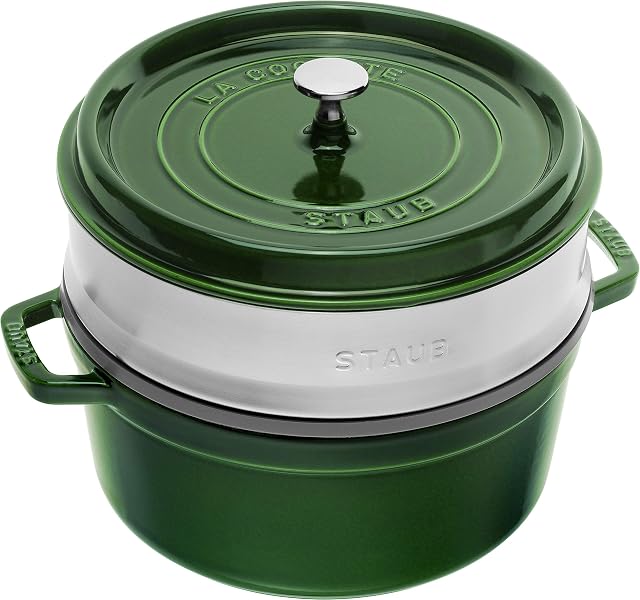 Staub 1004354 Cast Iron Roaster/Cocotte, With Steam Insert, Round 26 cm, 5.2 L, With Matte Black Enamel Inside the Pot, Basil/Green