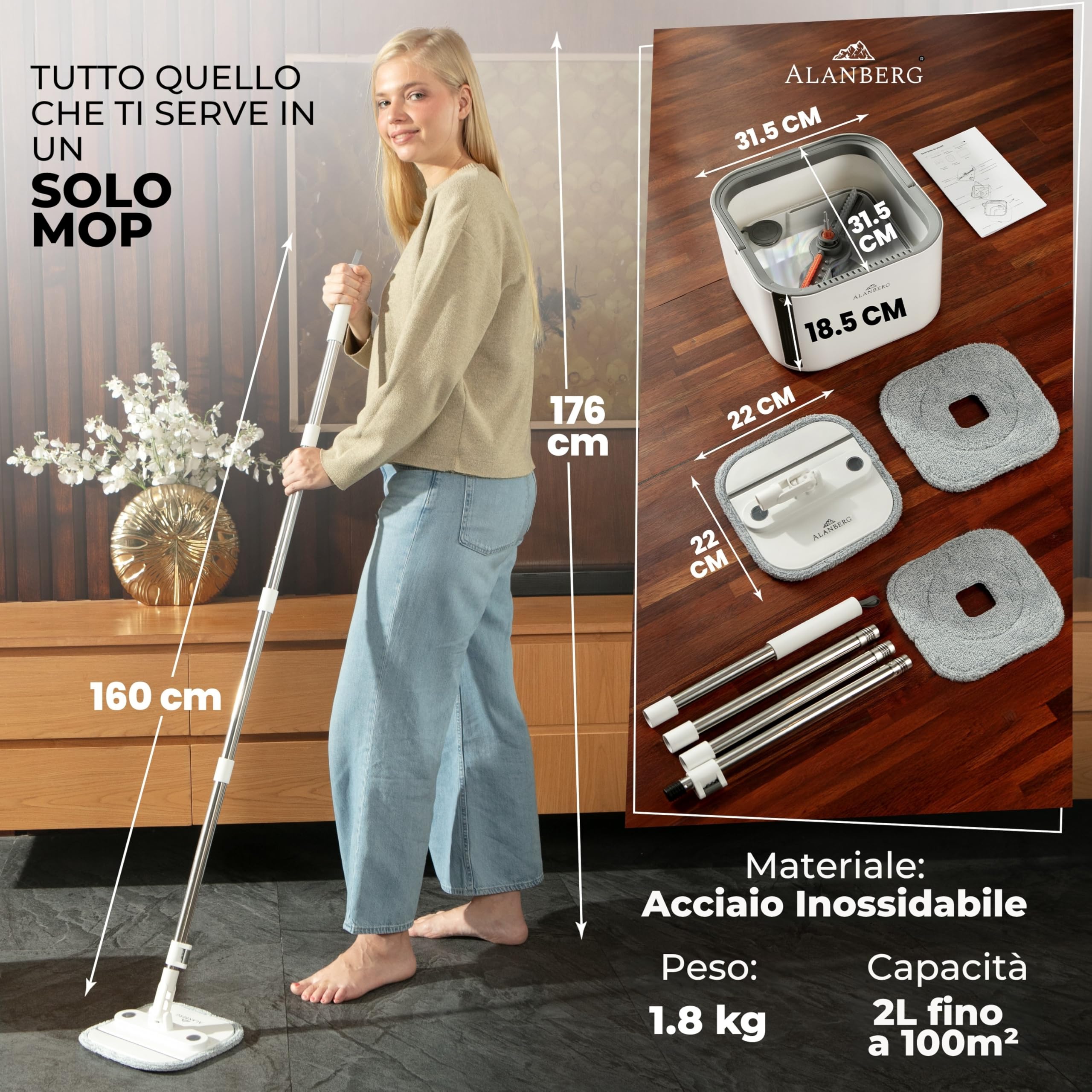 Set Lavapavimenti e Secchio per Pulizia – Gen 2 – 2 Scomparti, Secchio Rimovibile, Mocio Piatto Autoestrizzante 360°, Rullo Raccoglipeli, 2 Panni Riutilizzabili, Bianco – ALANBERG®