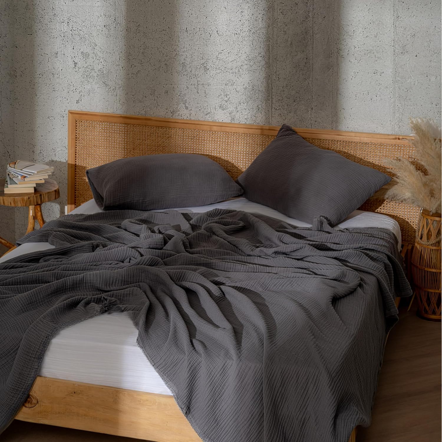 Muslin Blanket - Pure 100% Turkish Cotton Airy Soft Light Versatile Gauze Throw Blanket for Bed, Couch, Sofa (Dark Gray, California King Size (95" x 125" inch))