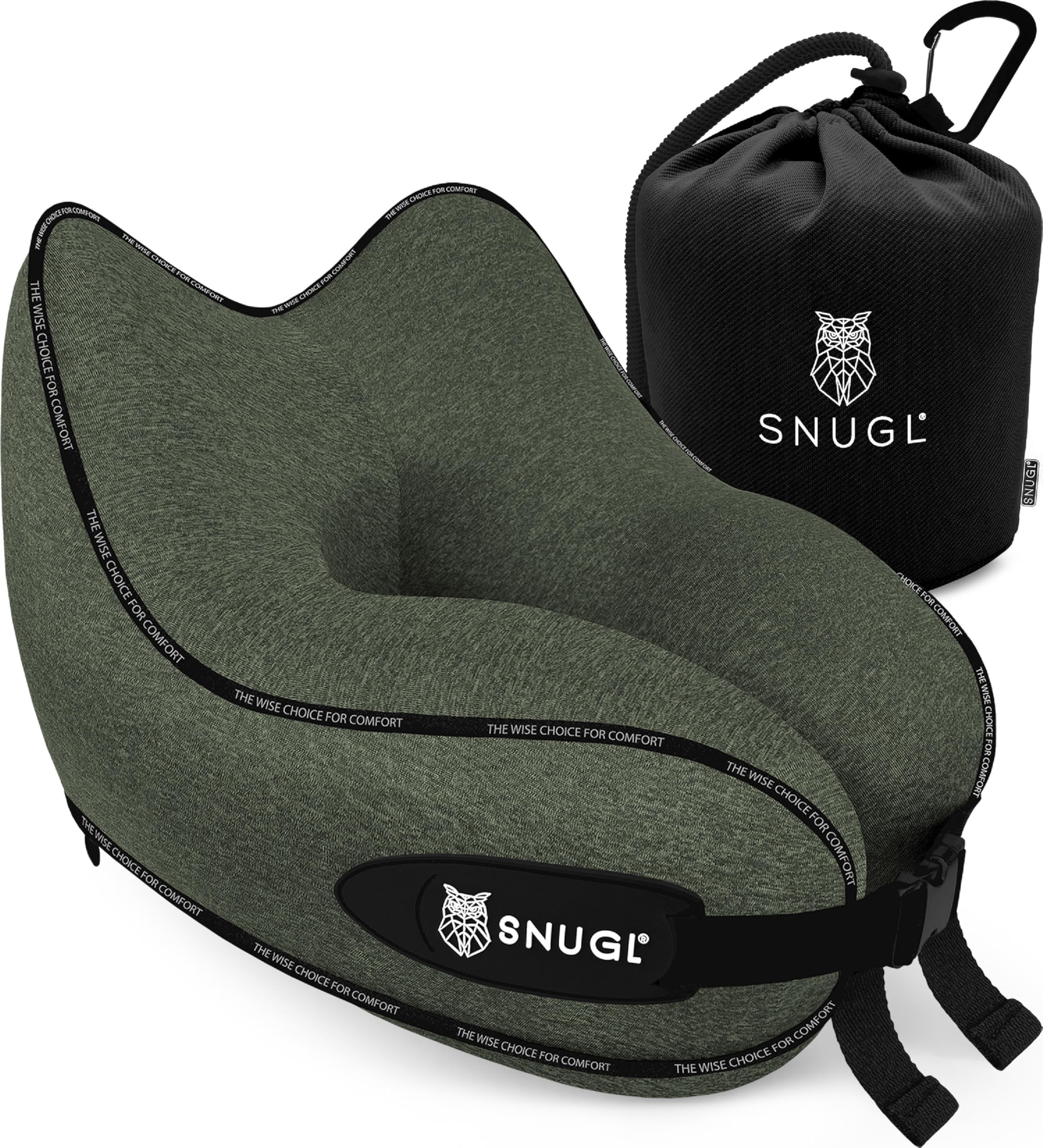 SNUGLSNUGL Travel Pillow - Memory Foam Neck Cushion - Flight Pillow | Support Neck Pillow for Travel | Travel Neck Pillow for Airplane with Carry Bag & Clip | Flying Travel Essentials (Light Green) Regular
