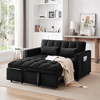 howcool 3-in-1 Convertible Sleeper Sofa Bed, 55" Pull-Out Loveseat with Reclining Backrest, Velvet Black for Small Spaces