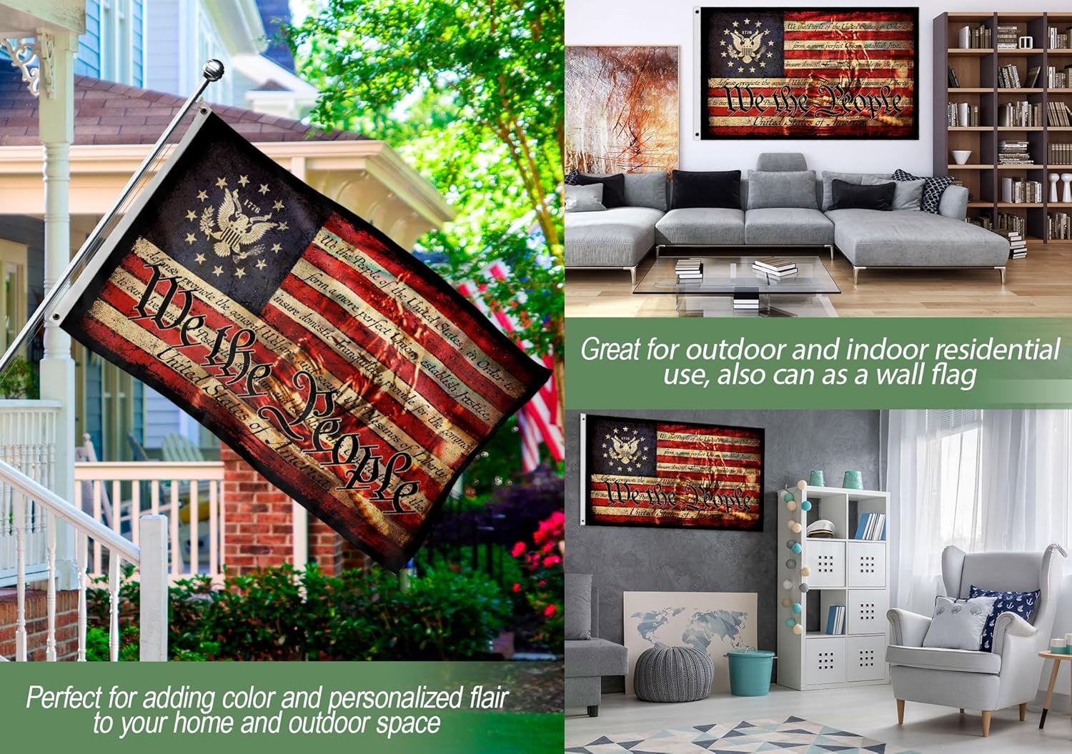 1776 We The People Flag, American History Independence Day Bald Eagle 2-Sided House Flag With Grommets 36" x 60" (3x5 ft)