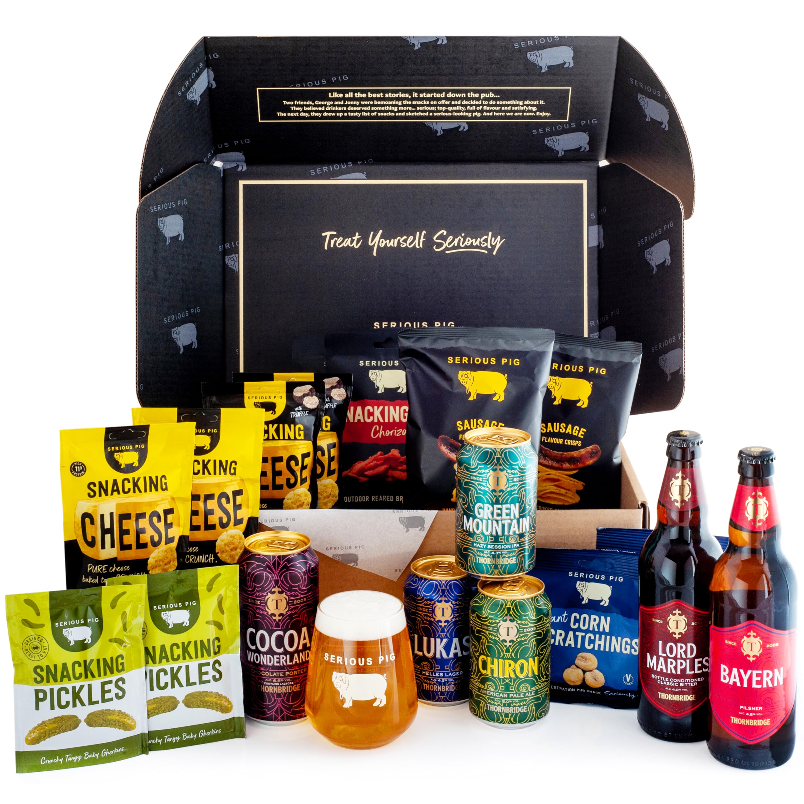 Serious Pig + Thornbridge Brewery | Craft Beer And Snacks Tasting Experience Gift Box | With Professional Tasting Notes And Glassware (18 Packs)