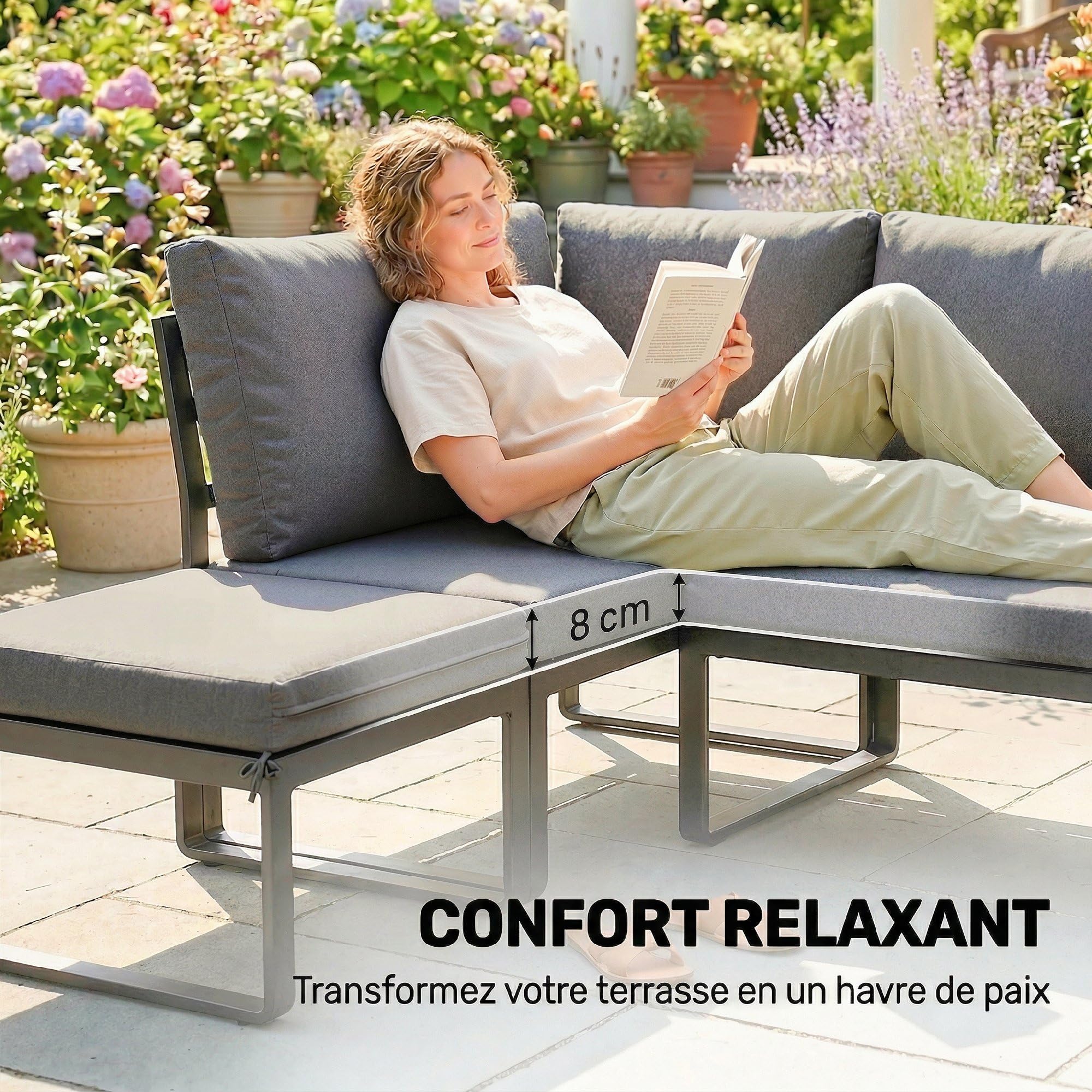 Outsunny Salon de Jardin Extérieur 6-8 Personnes Meuble de Jardin Gris | Aluminium, Table Haute Dînatoire, Canapé d'Angle, Plateaux Latéraux Bois Composite, Mobilier de Terrasse
