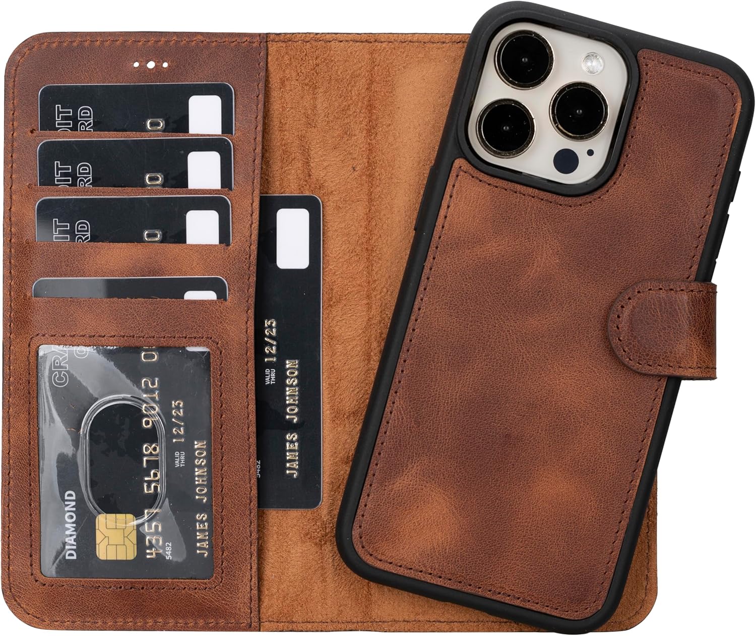 HARDISTON Genuine Leather Handmade Wallet Case Compatible with iPhone 15 Pro Max - MagSafe Compatible - Detachable Magnetic Flip Cover with Card Holders - Horizontal Kickstand (Burgundy)