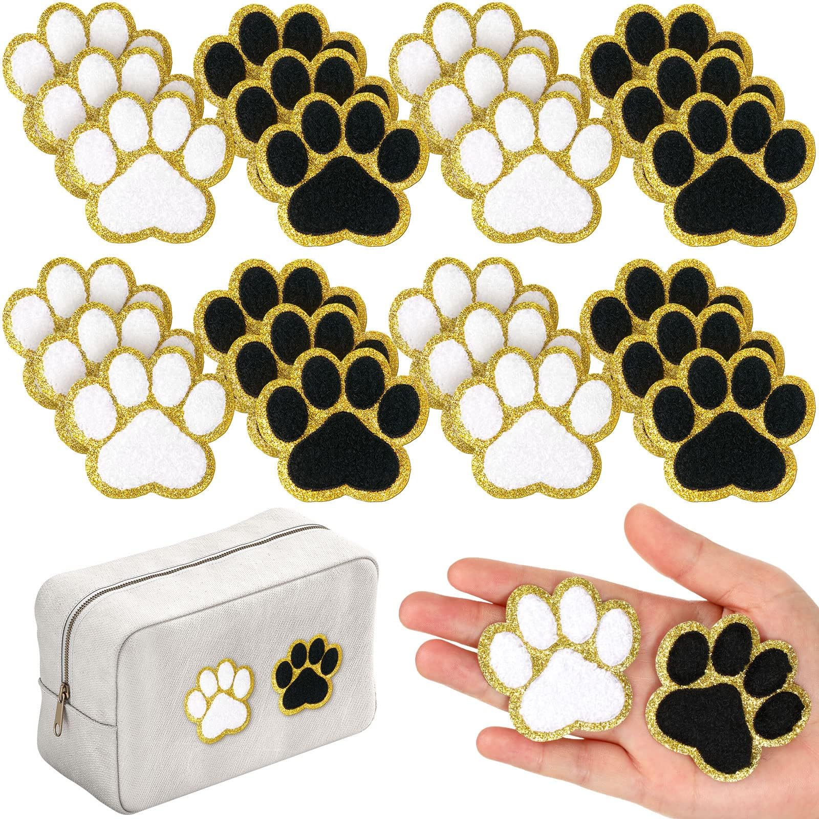 Jexine 24 Pcs Paw Print Chenille Patches Self Adhesive Stick on Embroidered Patches Stickers for Clothing Bag Hat Backpack Jean Gift for Animal Party Halloween Christmas(White, Black with Gold Edge)