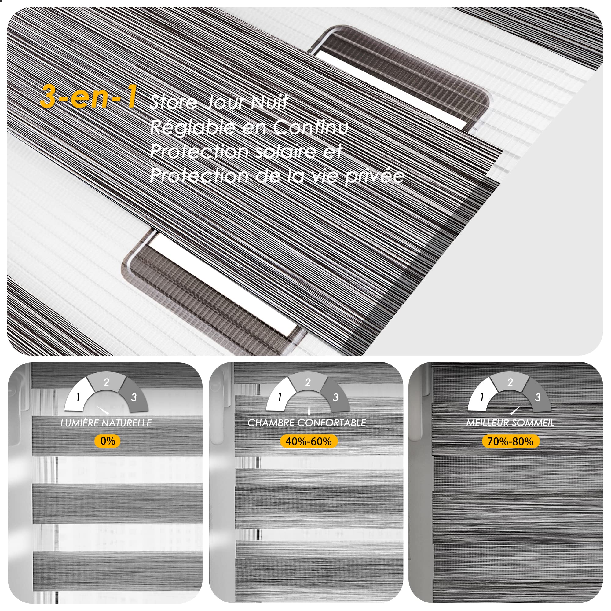 Store Enrouleur Jour/Nuit Sans Perçage - Double Tissu 100% Polyester - Protection Intimité Fenêtre 50x100cm - Blanc