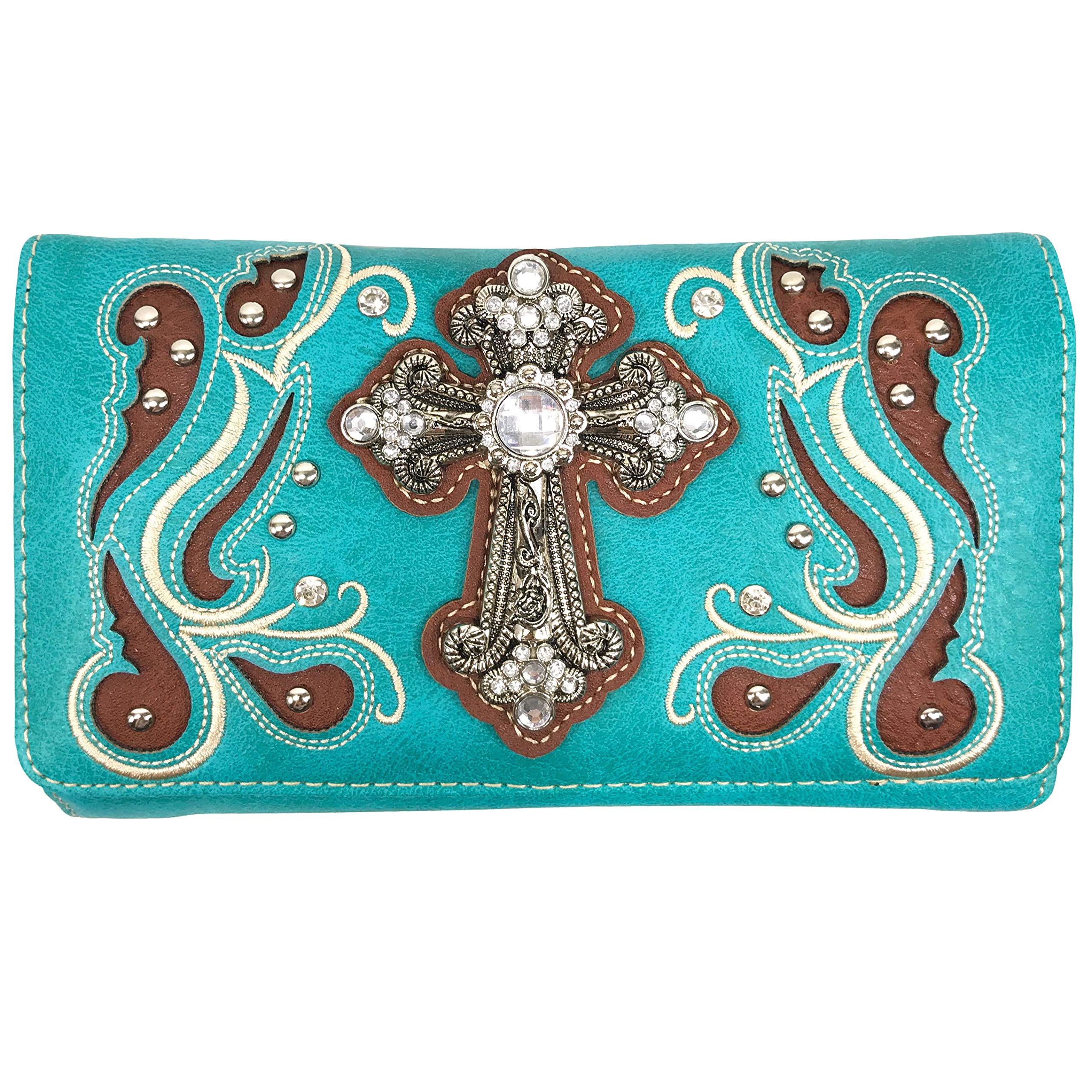 Justin West Tooled Leather Laser Cut Rhinestone Cross Studded Shoulder Concealed Carry Tote Style Handbag Purse