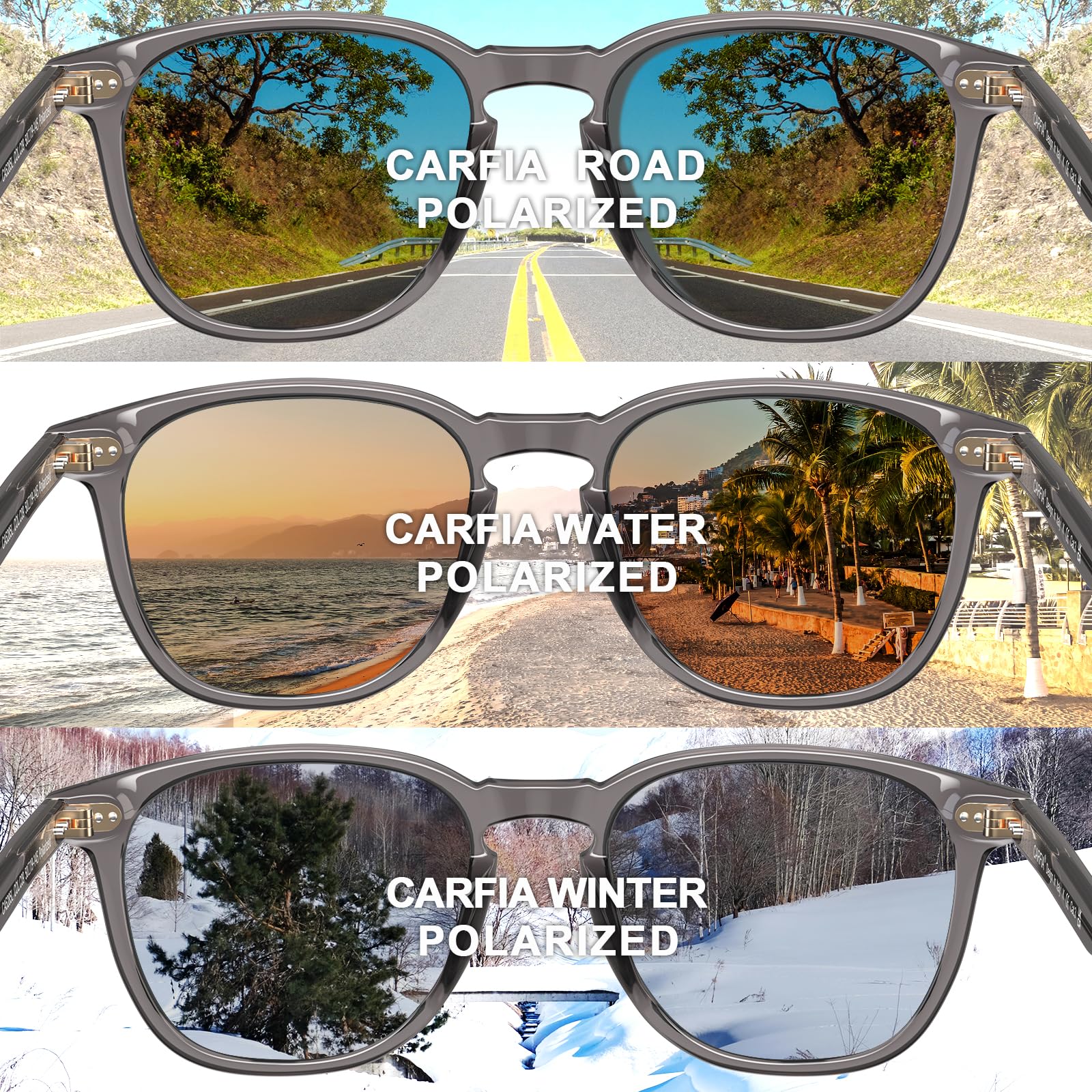 CARFIA Vintage Polarisierte Sonnenbrille Herren Rechteckigen Acetatrahmen | UV-Schutz Fahrerbrillen，Anti-Blendung，Grau grün Linsen Für Autofahren, Angeln, Wandern