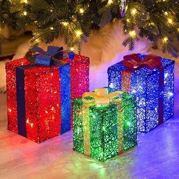 PEIDUO Christmas Decorations Indoor, Set of 3 Lighted Boxes, Outdoor Presents With 48 Warm White Lights, Under The Xmas Tree Packages for Holiday Party Home Decor