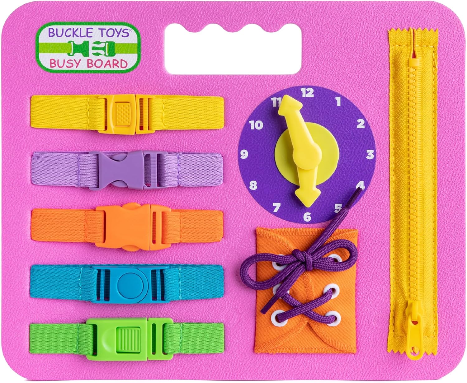 Buckle Toys Busy Board - Montessori Learning Toy for Toddlers Great Kids Road Trip Essentials - Foam Sensory Board - Develop Fine Motor Skills - Pink