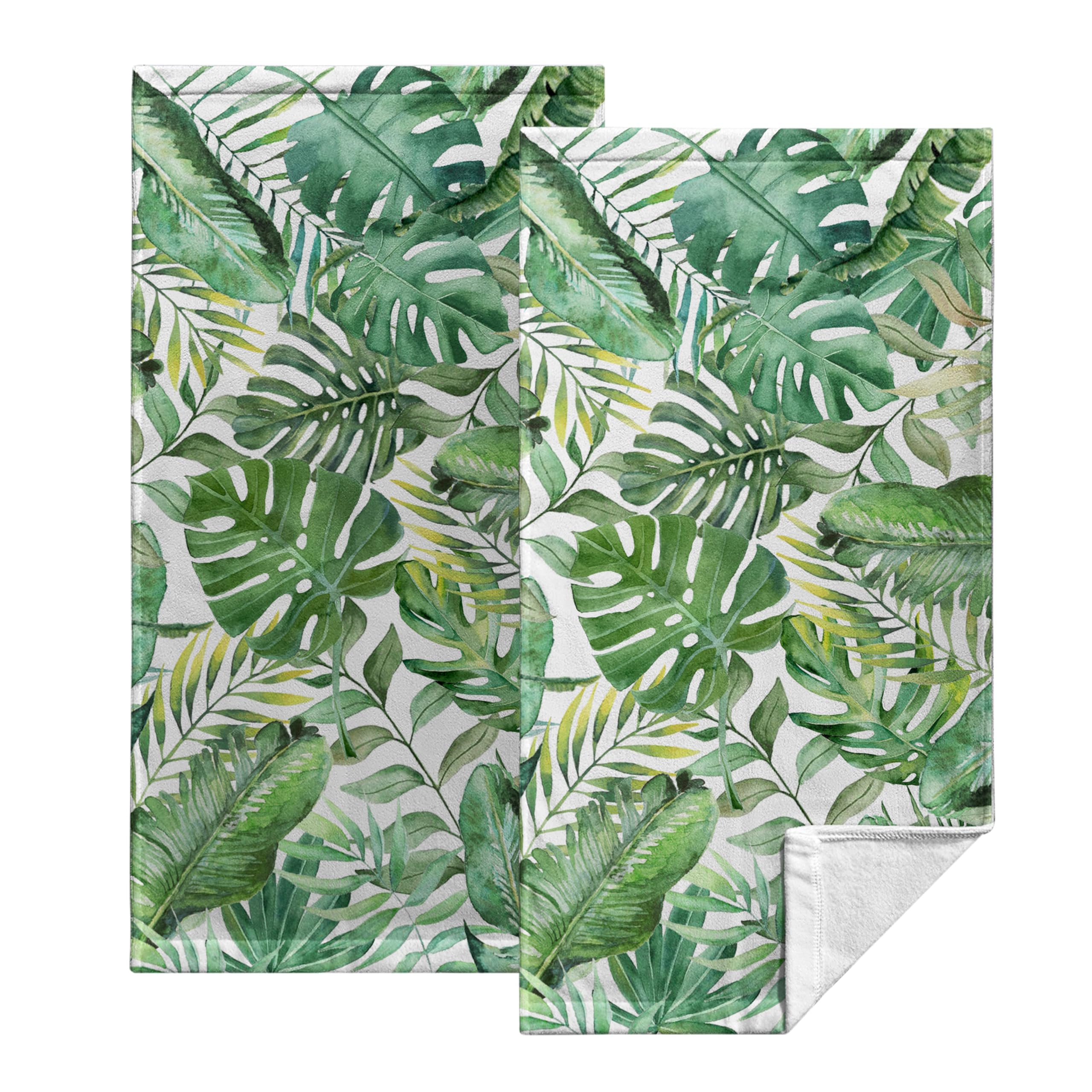 Kwlegh Tropical Hand Towels Set of 2 Green Leaves Kitchen Towels Summer Palm Leaf Bathroom Hand Towels Monstera Highly Absorbent Towel Fingertip Towels 14.4x28.3 for Bathroom Hotel Guest