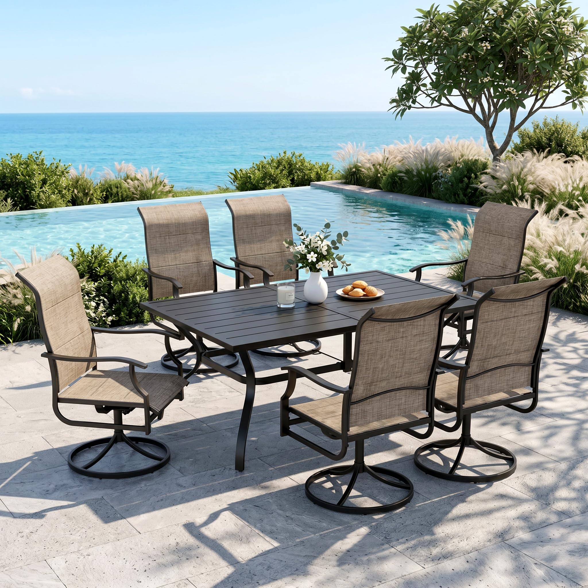 MIXPATIO 7 Pieces Patio Dining Set, Outdoor Table and Chairs, 6 x Textilene Swivel Dining Chairs and 60" Rectangle Black Table, for Cozy Garden