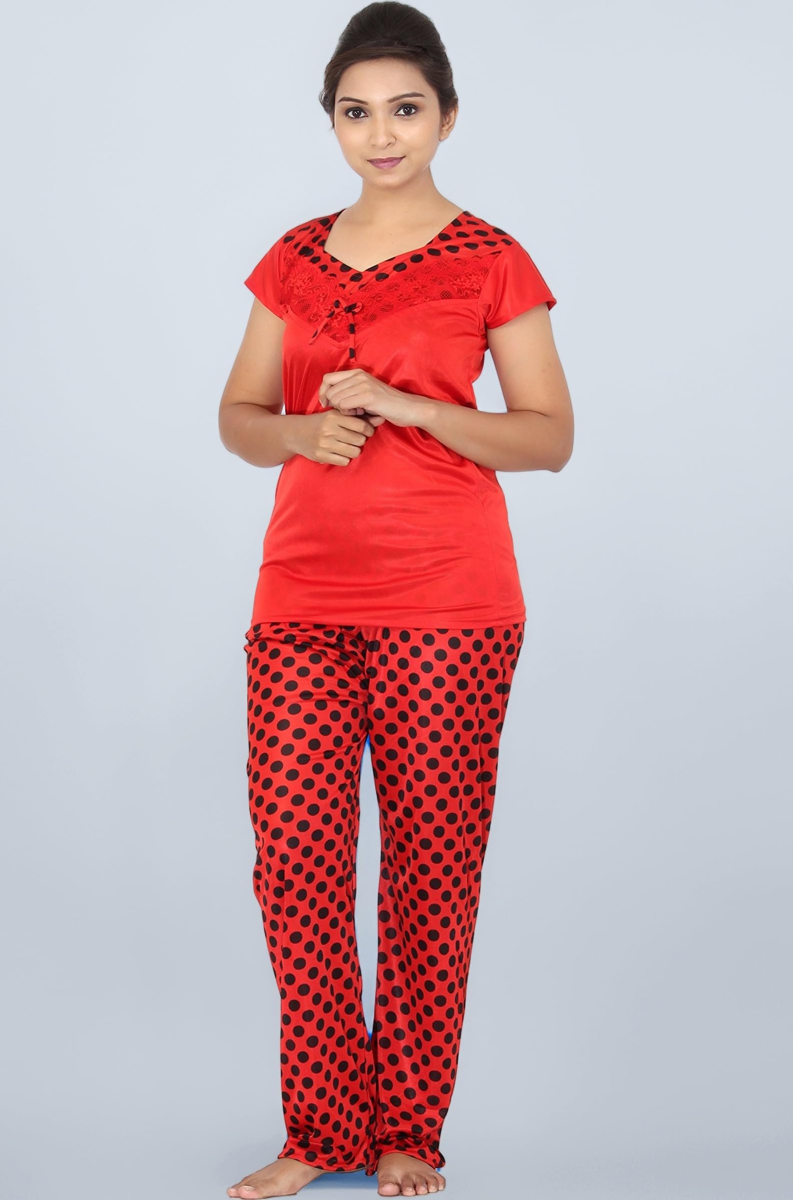 Fabme Women's Satin Polka Dots Top and Pyjama Pack of 1