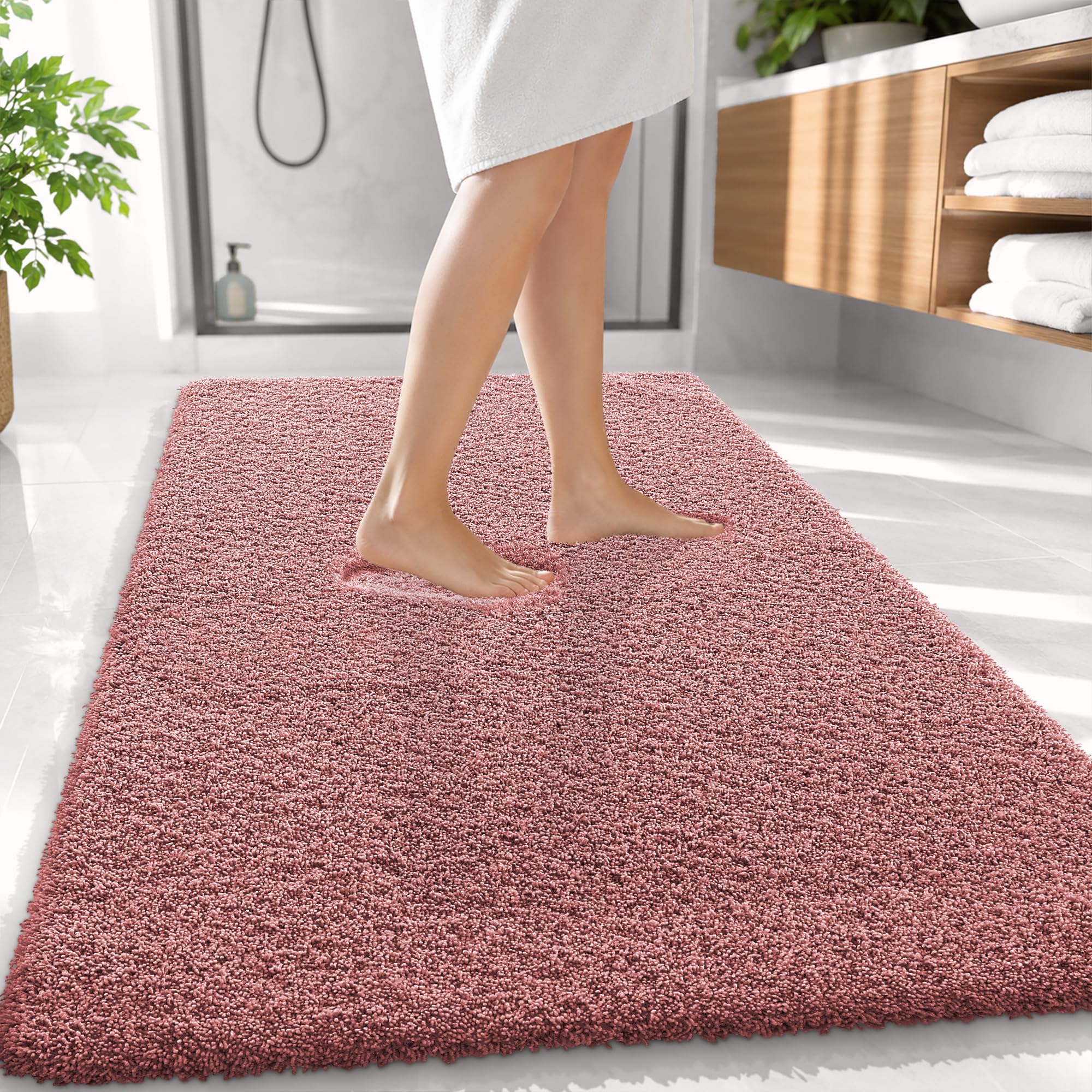 OLANLY Microfiber Large Bathroom Rugs 59x35, Ultra Soft Bath Mat, Deep Rose