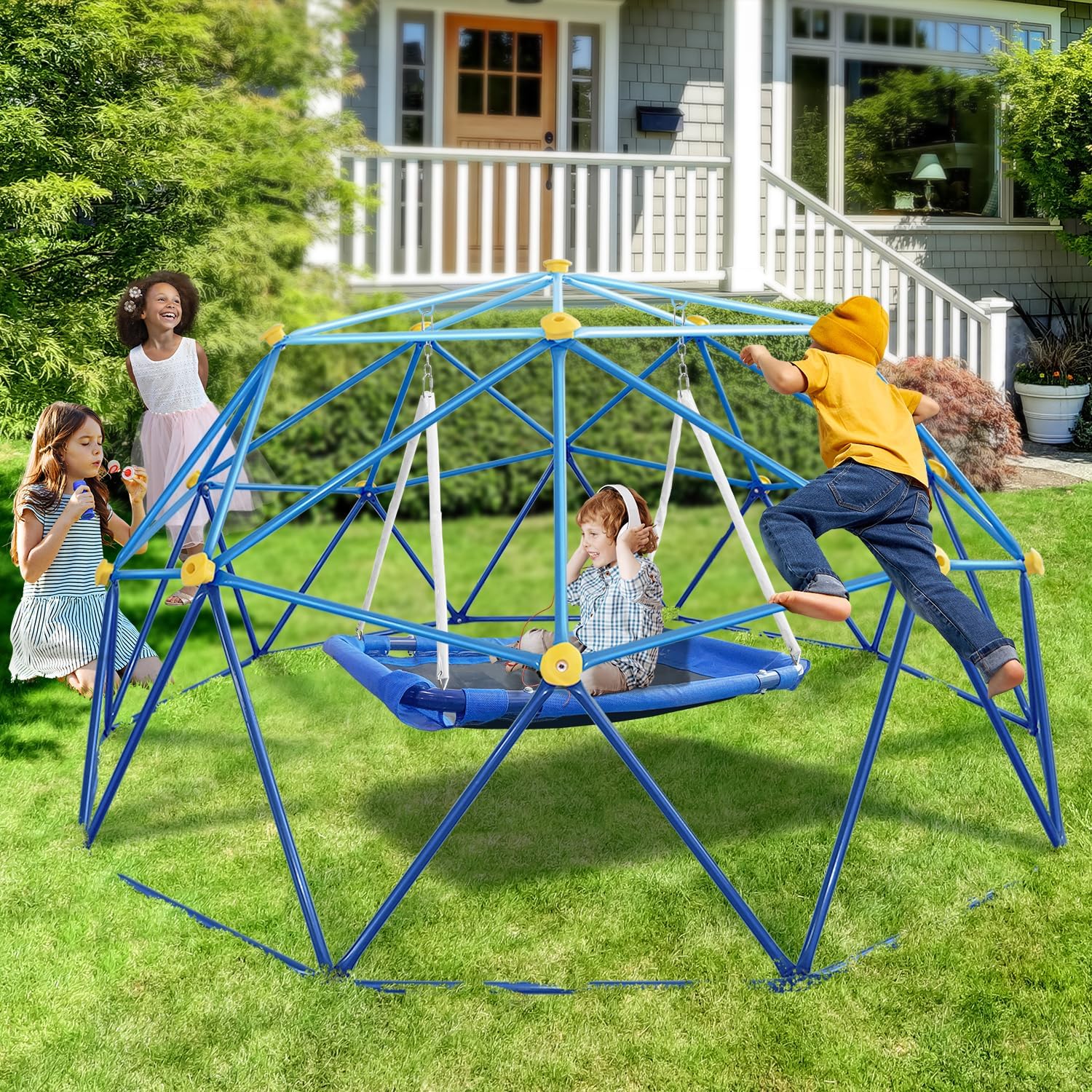 10FT Climbing Dome with Saucer, 800LBS Capacity Blue Jungle Gym for Kids Ages 4-8, Kids Climbing Toys for Outdoor Playground
