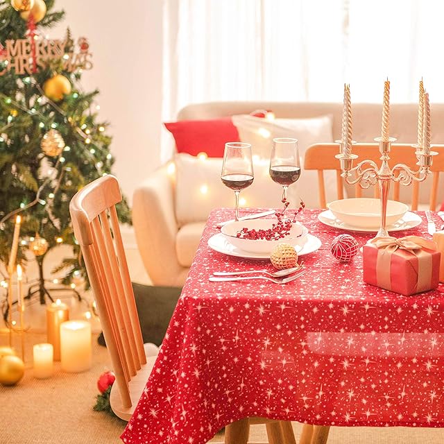 Deconovo Christmas Tablecloth 137x274cm(54x108in) Cosmic Stars Table Covers Water Resistant Tablecloth Wipe Clean Table Cloth for 6ft Table Red