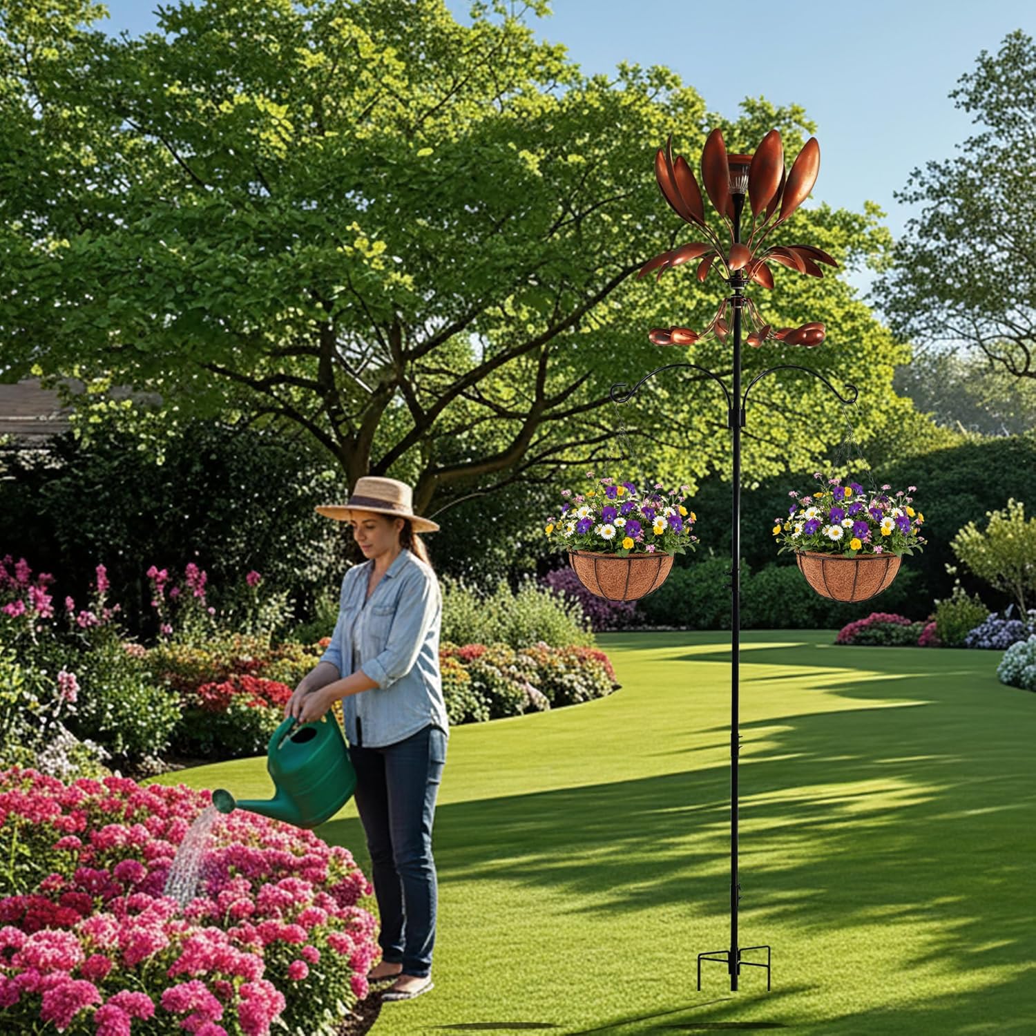 92.5" Extra Large Solar Wind Spinner with 2 Shepherd Hooks, Heavy Duty Metal Wind Sculpture & Yard Art Catchers, Copper Floral Wind Catcher Garden Stake for Outdoor Lawn Patio Decor