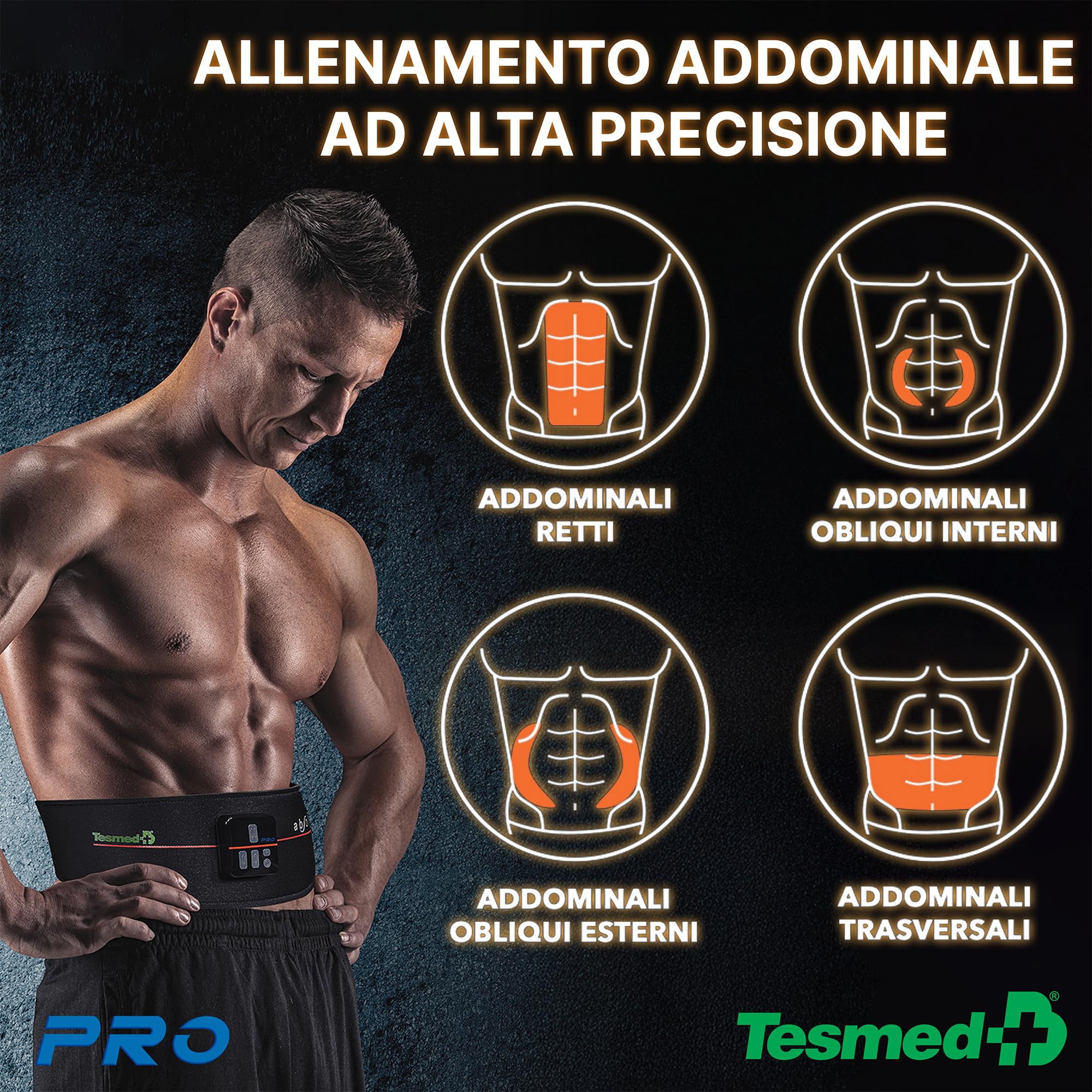 TESMED Absolute: Cintura Addominale EMS, Elettrostimolatore per Addominali Centrali e Laterali – Ricaricabile, 99 Intensità – Allenamento e Tonificazione Muscolare – Made in Italy