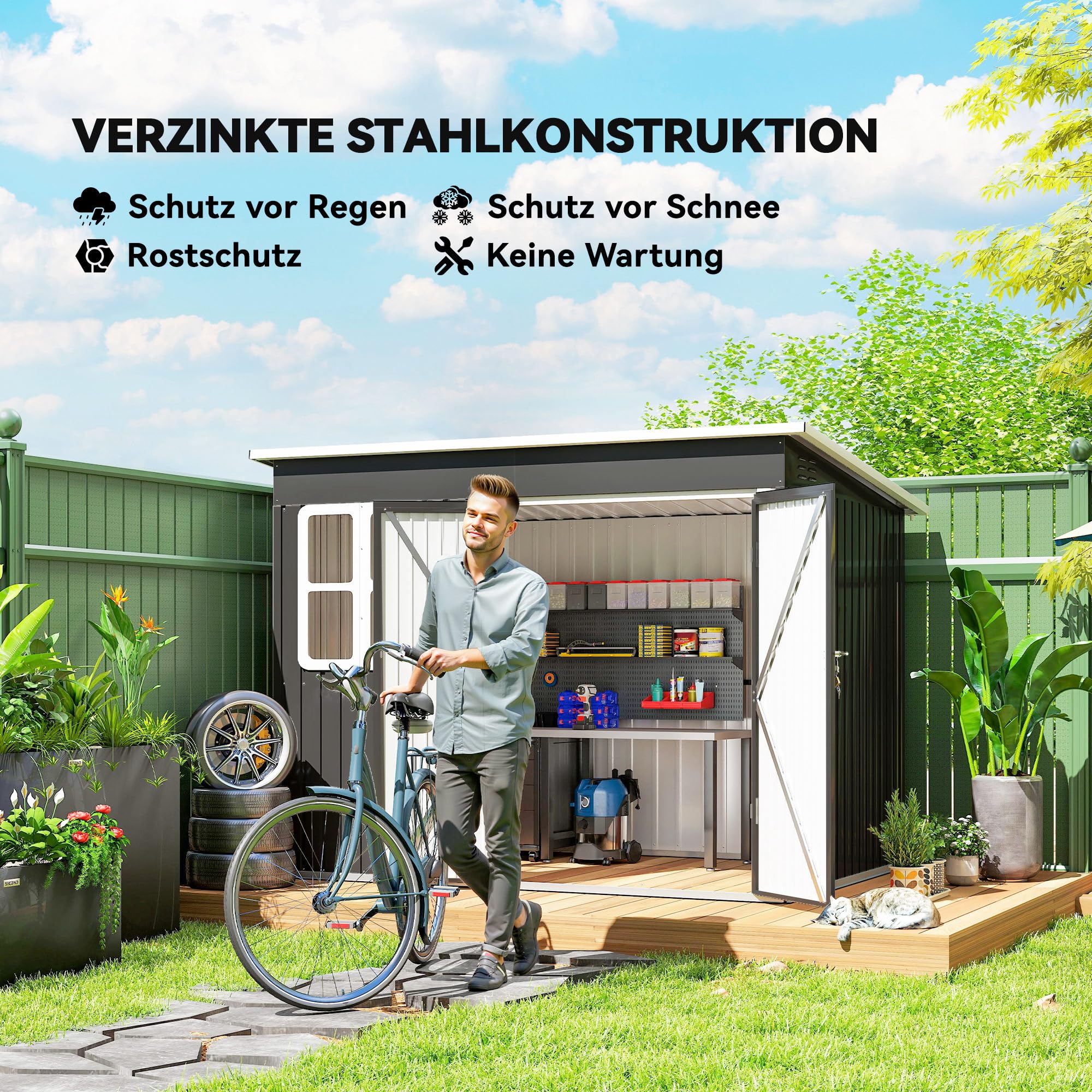 Casetta per attrezzi Outsunny 4,13 m³, casetta da giardino, 260 x 177 x 190 cm, casetta per attrezzi con finestra, porta con serratura, garage per biciclette, mobile da giardino in acciaio, per