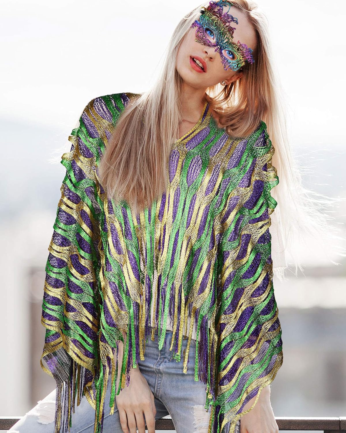Frienda Mardi Gras Outfit for Women Mardi Gras Poncho Scarf Shawl Costume Apparel Accessories Masquerade Party(1) - Image 2