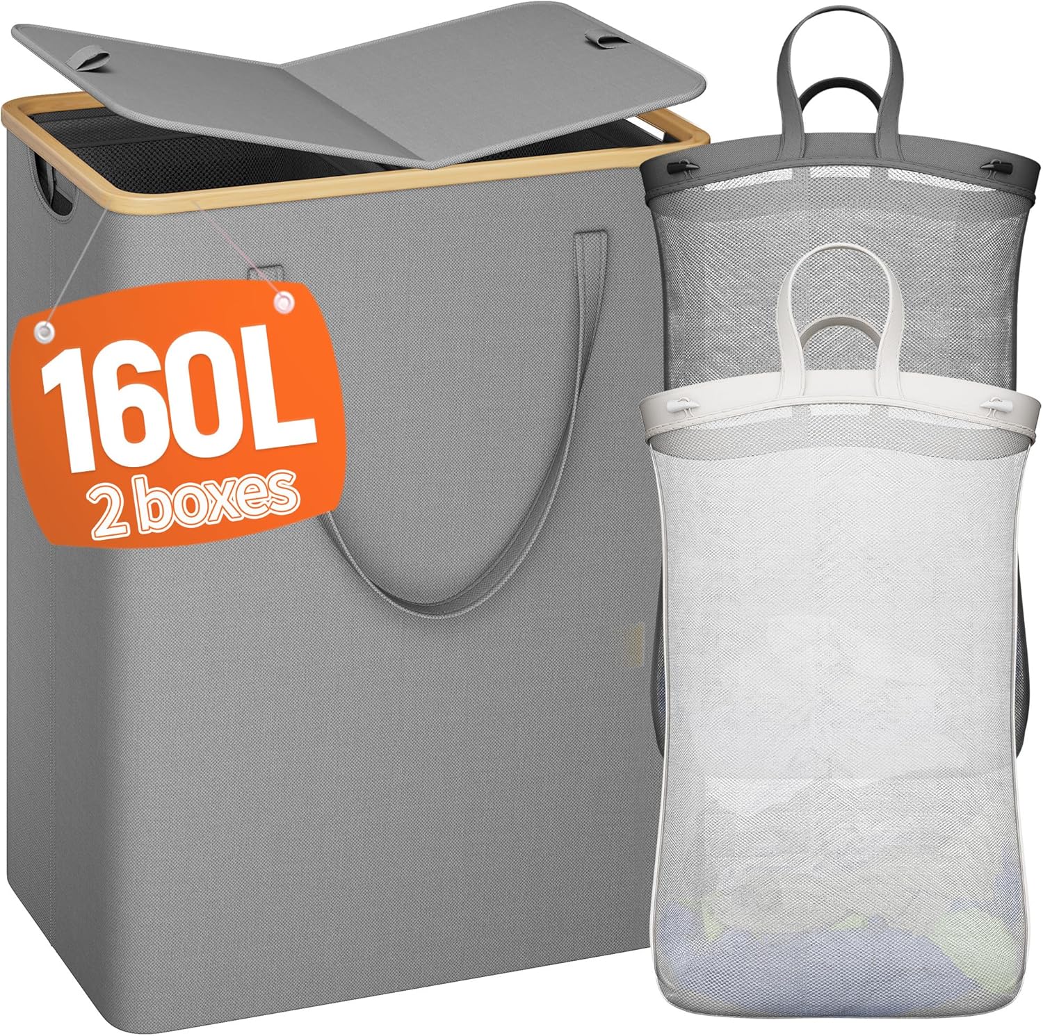Raybee 160L Double Laundry Hamper with Lid 2 Section, Large Bamboo Laundry Basket with 2 Removable Bags, Clothes Hampers for Laundry for Bedroom, Bathroom, Dorm, Laundry Room, Grey