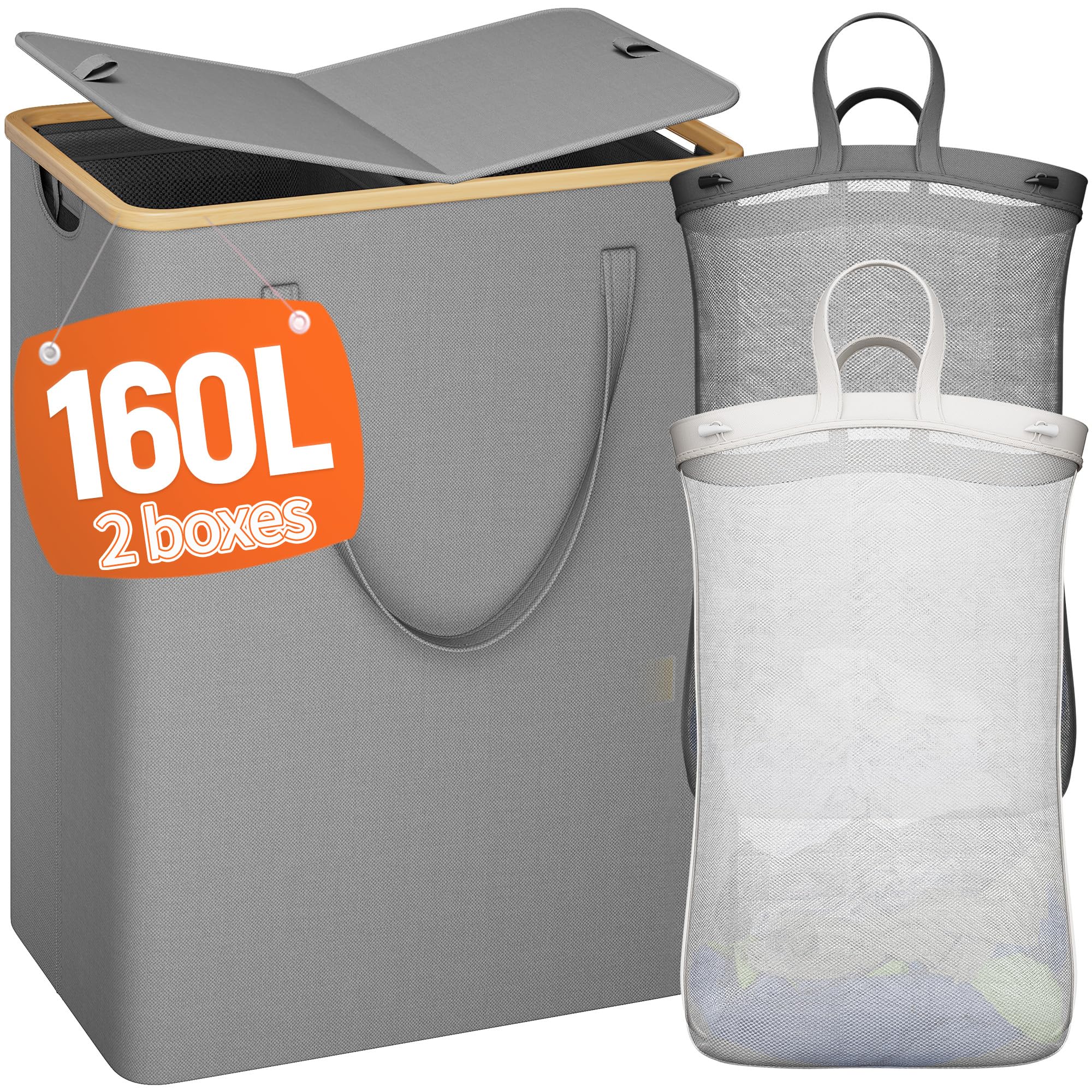 175L Laundry Hamper with Lid 3 Section, Extra Large Laundry Basket with 3 Removable Bags, 46 GAL Laundry Basket Organizer for Bedroom, Laundry Room, Dorm, Grey
