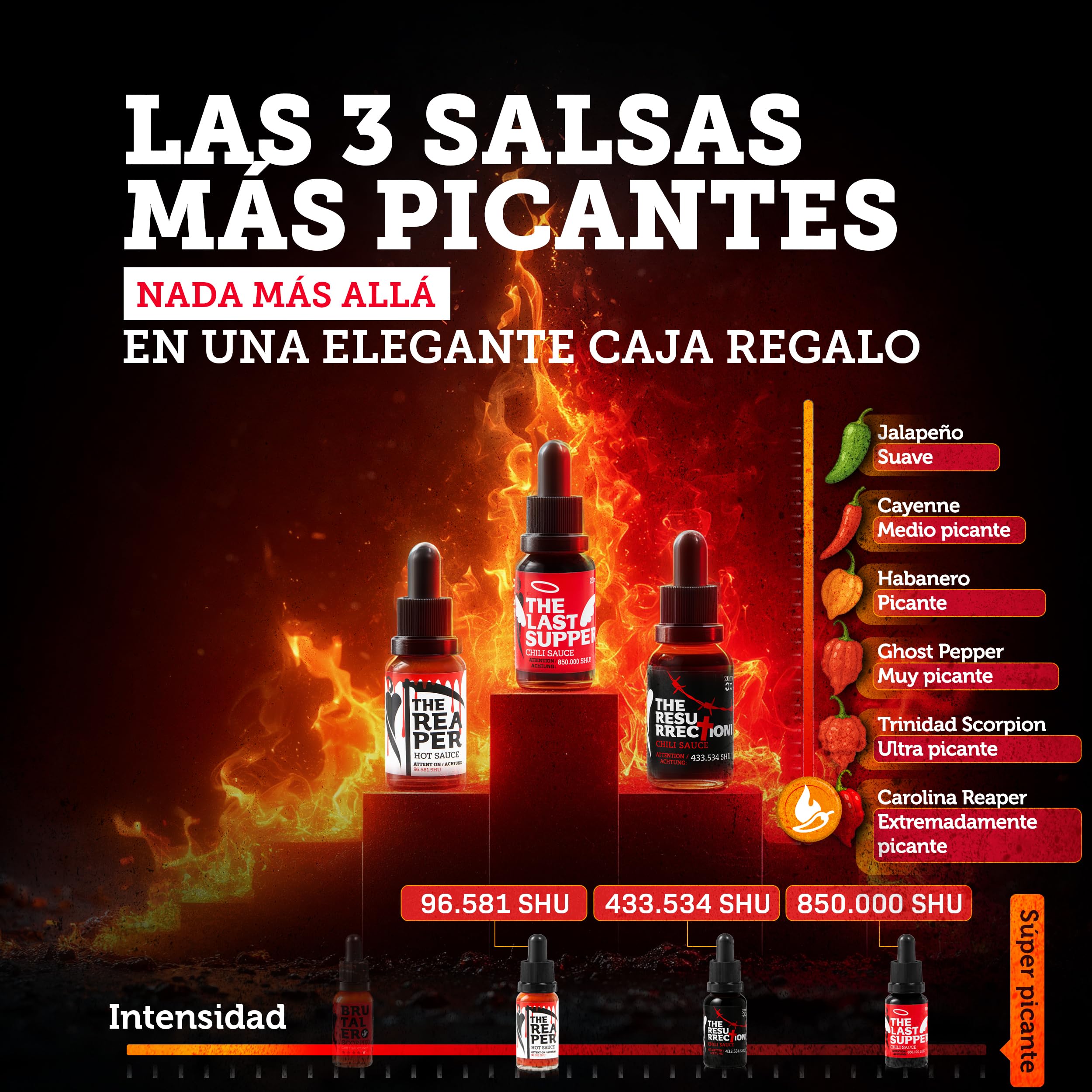 I LOVE SPICY The End Estuche 3 Salsas Picantes Extremas 3x20ml Carolina Reaper Trinidad Scorpion Regalo Gourmet