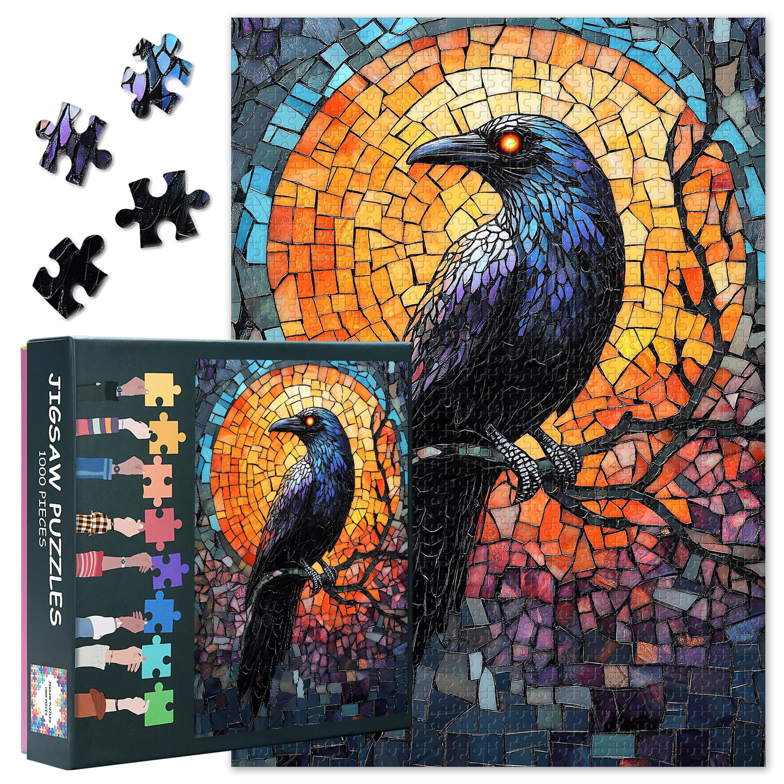 Stained Glass Raven Puzzles for Adults 1000 Pieces Raven Jigsaw Puzzles for Adults Gift Home Decor Difficult Challenge Bird Puzzle for Puzzle Lovers 27.5"X19.7"