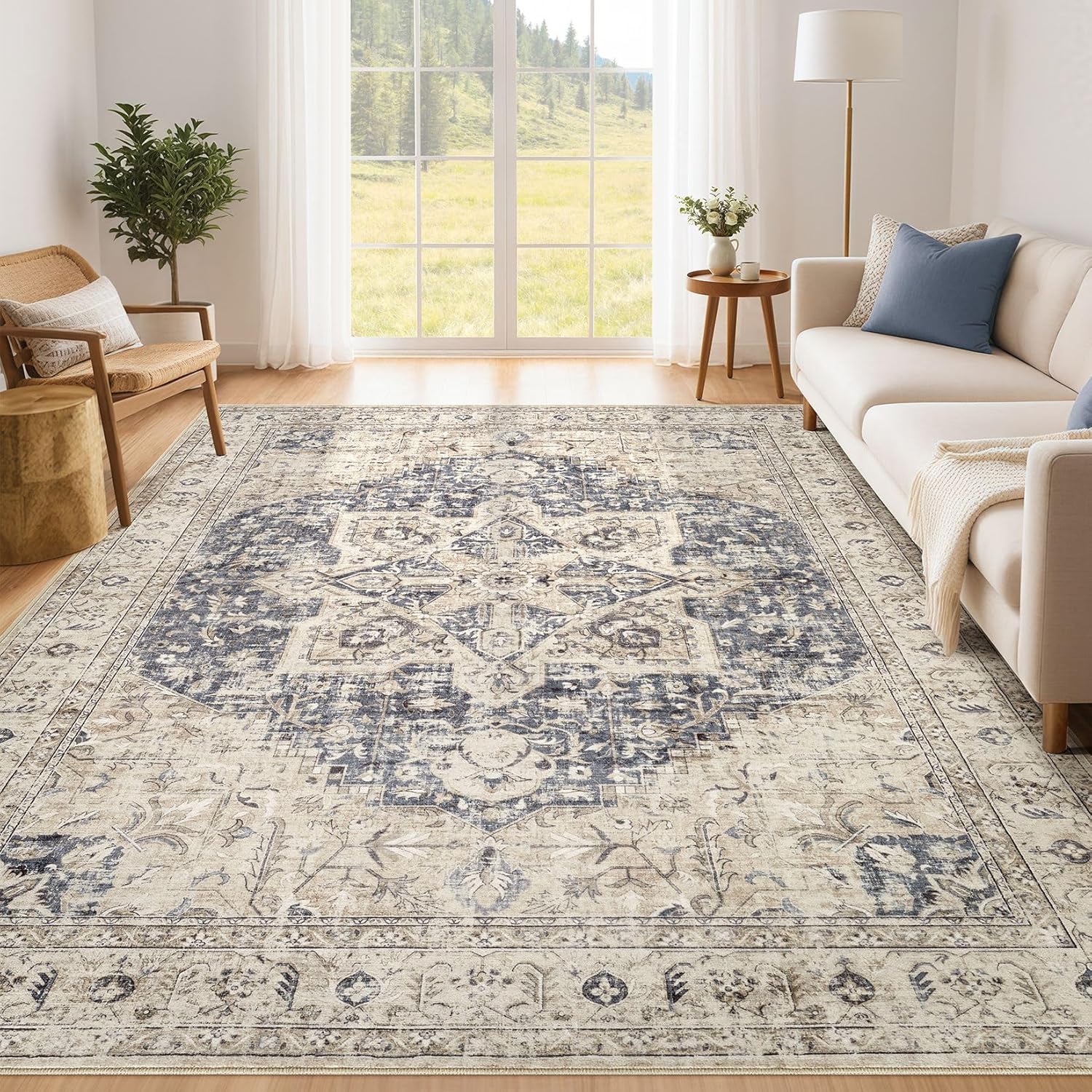 (Similar) Tortania Area Rug Living Room Rugs - Washable Boho Rug Vintage Oriental Distressed Farmhouse Large Thin Indoor Carpet for Living Room Bedroom Under Dining Table Home Office - Cream Blue 5' x 7' Cream/Blue