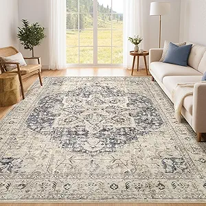 Tortania Area Rug Living Room Rugs - 6x9 Washable Boho Rug Vintage Oriental Distressed Farmhouse Large Thin Indoor Carpet for Living Room Bedroom Under Dining Table Home Office - Cream Blue