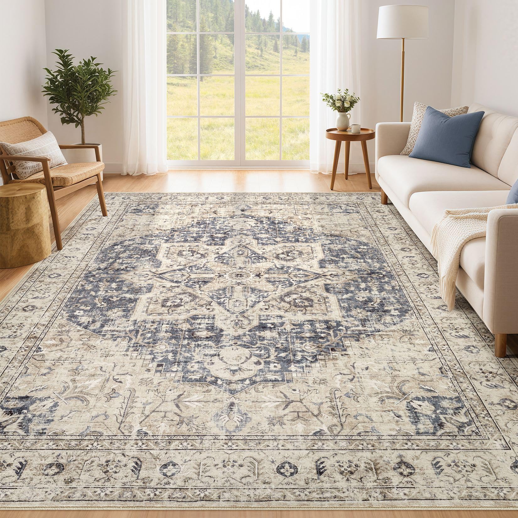 Tortania Area Rug Living Room Rugs - 6x9 Washable Boho Rug Vintage Oriental Distressed Farmhouse Large Thin Indoor Carpet for Living Room Bedroom
